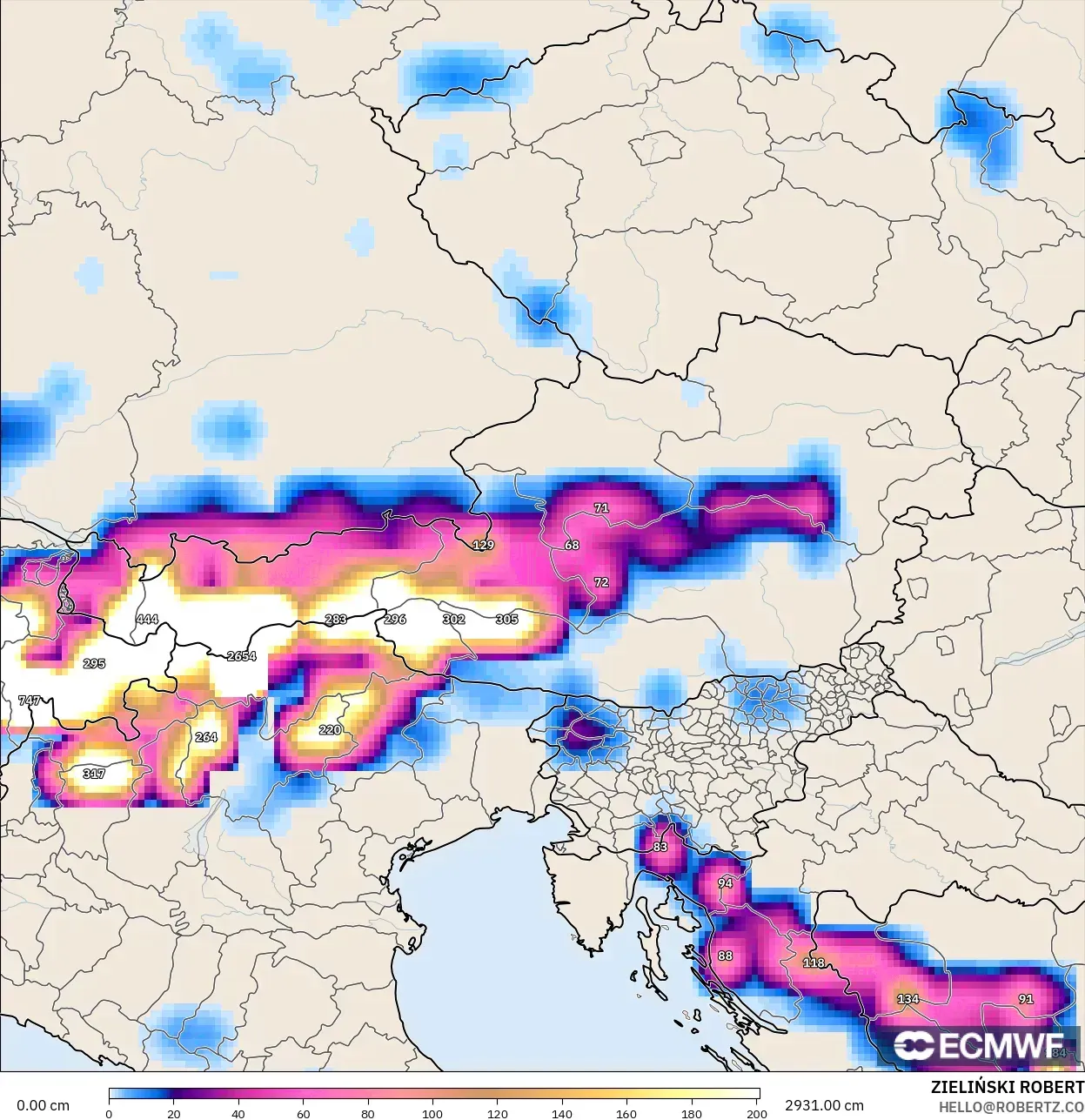 ECMWF IFS 0.25° model - Austria, Snow Depth