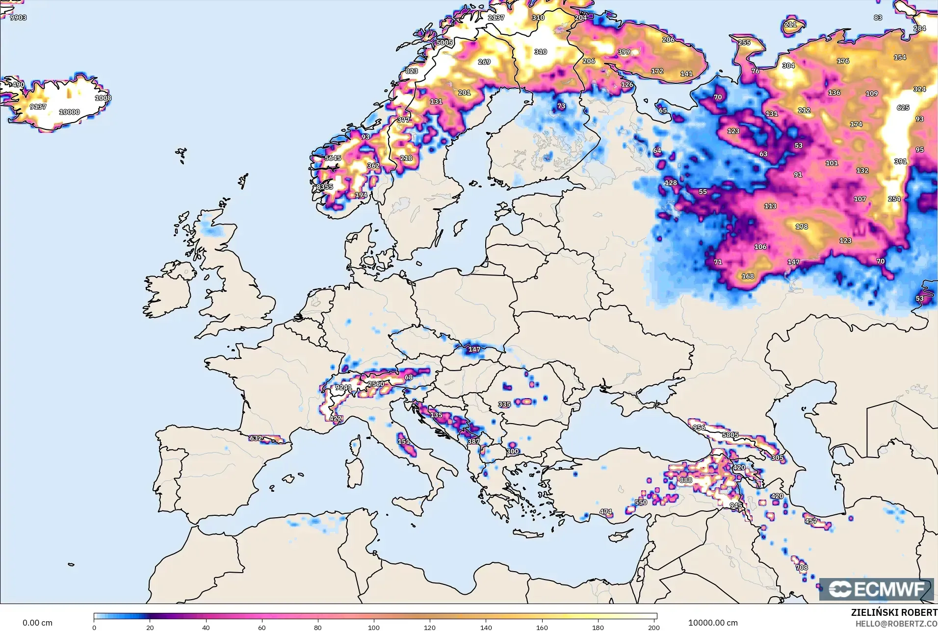 ECMWF IFS 0.25° model - Europe, Snow Depth