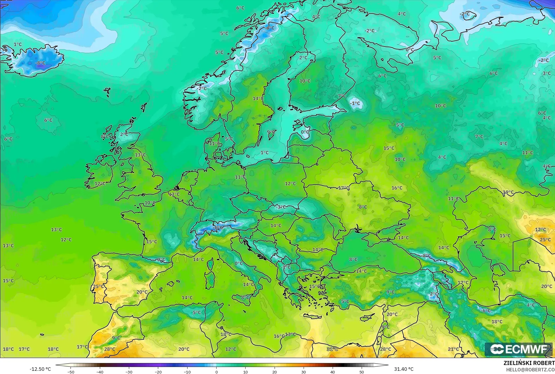 ECMWF IFS 0.25° model - Europe, Temperature at 2m