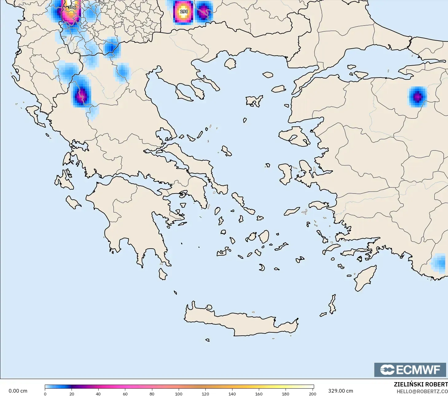 ECMWF IFS 0.25° model - Greece, Snow Depth