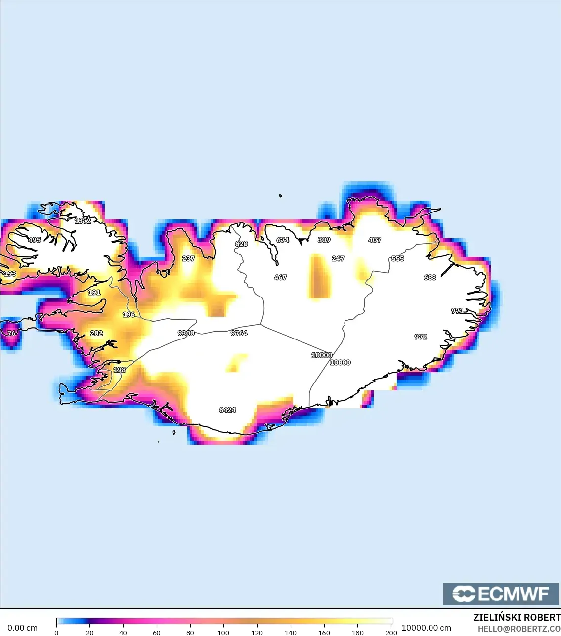 ECMWF IFS 0.25° model - Iceland, Snow Depth