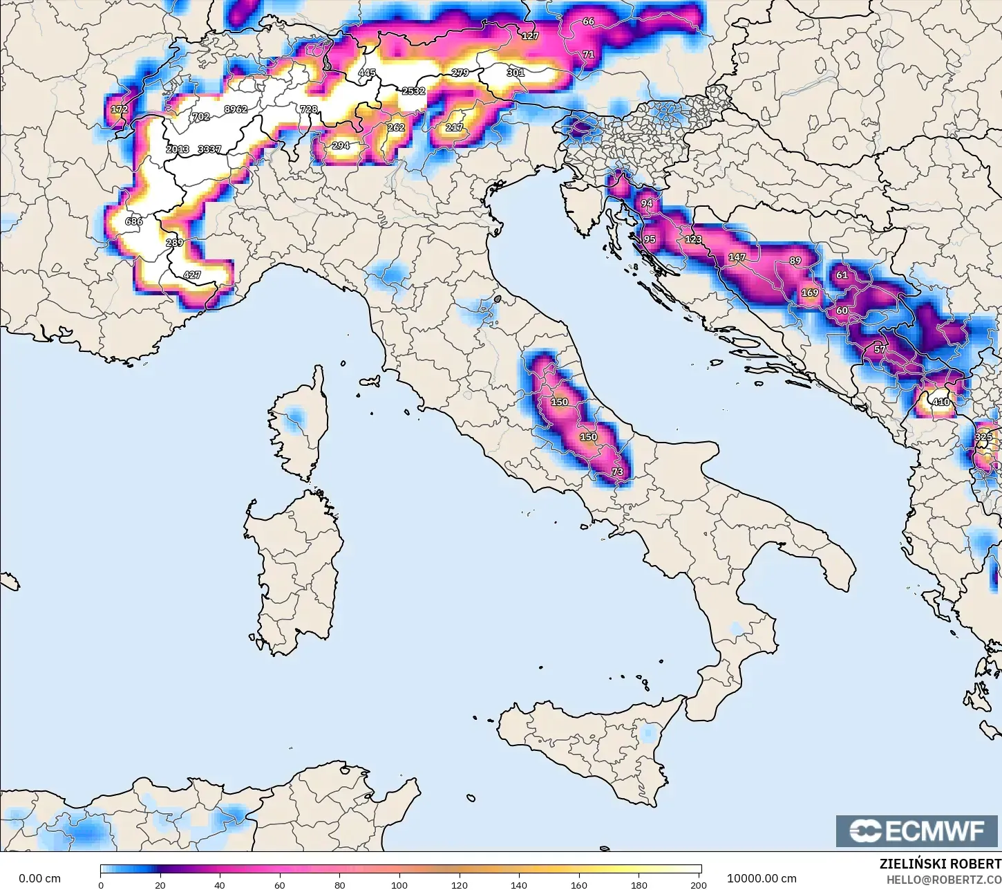 ECMWF IFS 0.25° model - Italy, Snow Depth