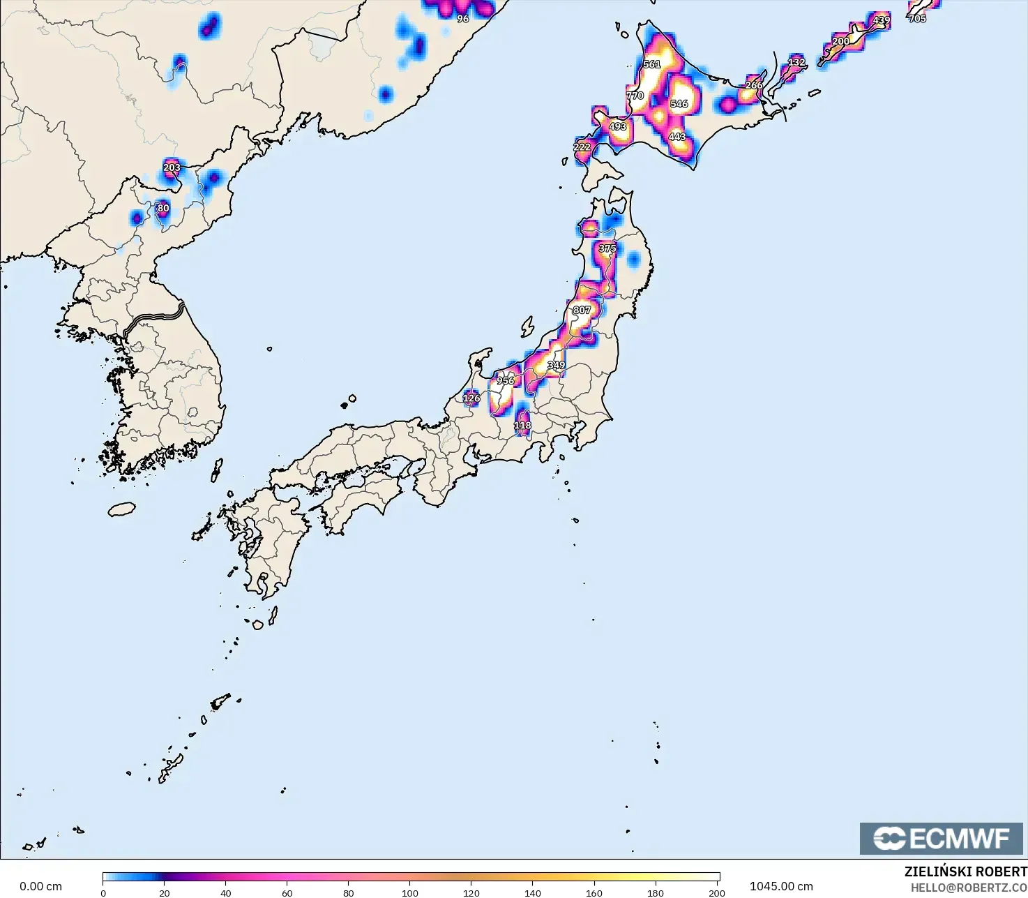 ECMWF IFS 0.25° model - Japan, Snow Depth