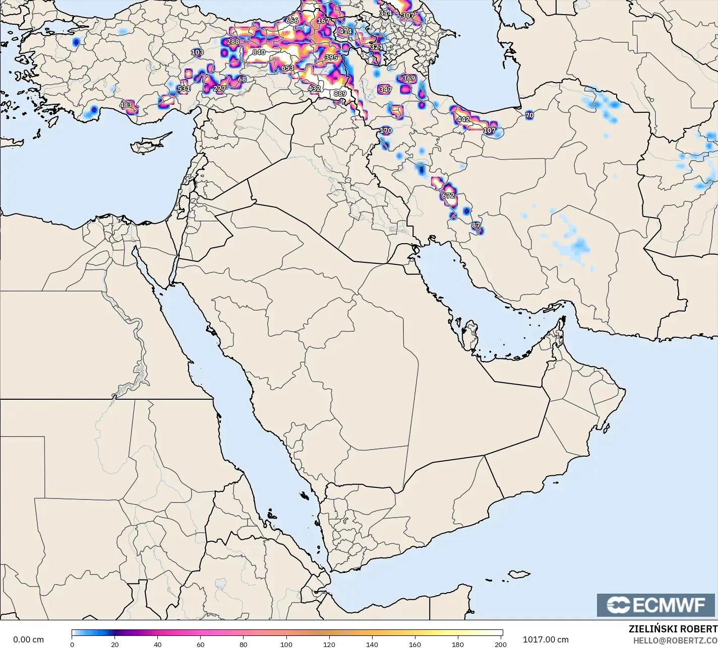 ECMWF IFS 0.25° model - Middle East, Snow Depth