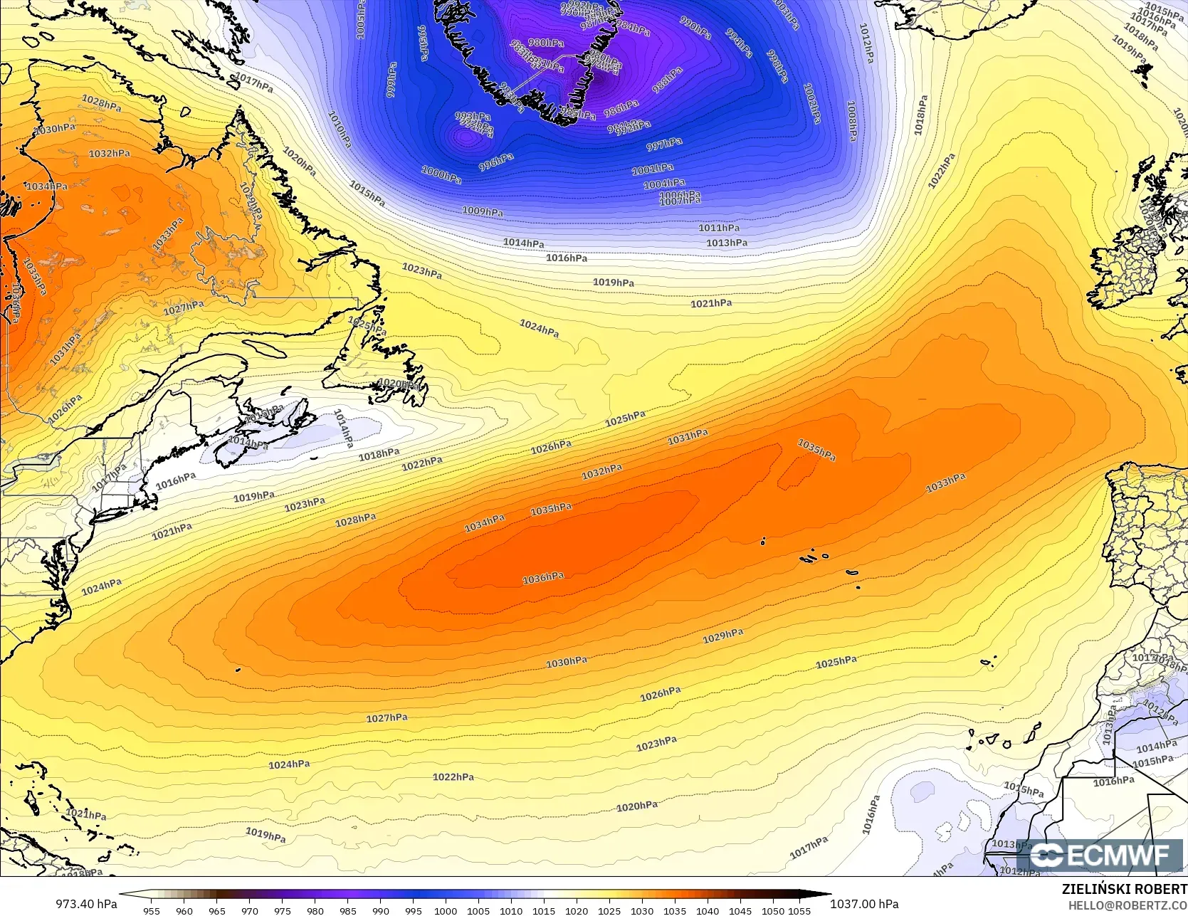ECMWF IFS 0.25° model - North Atlantic, Pressure