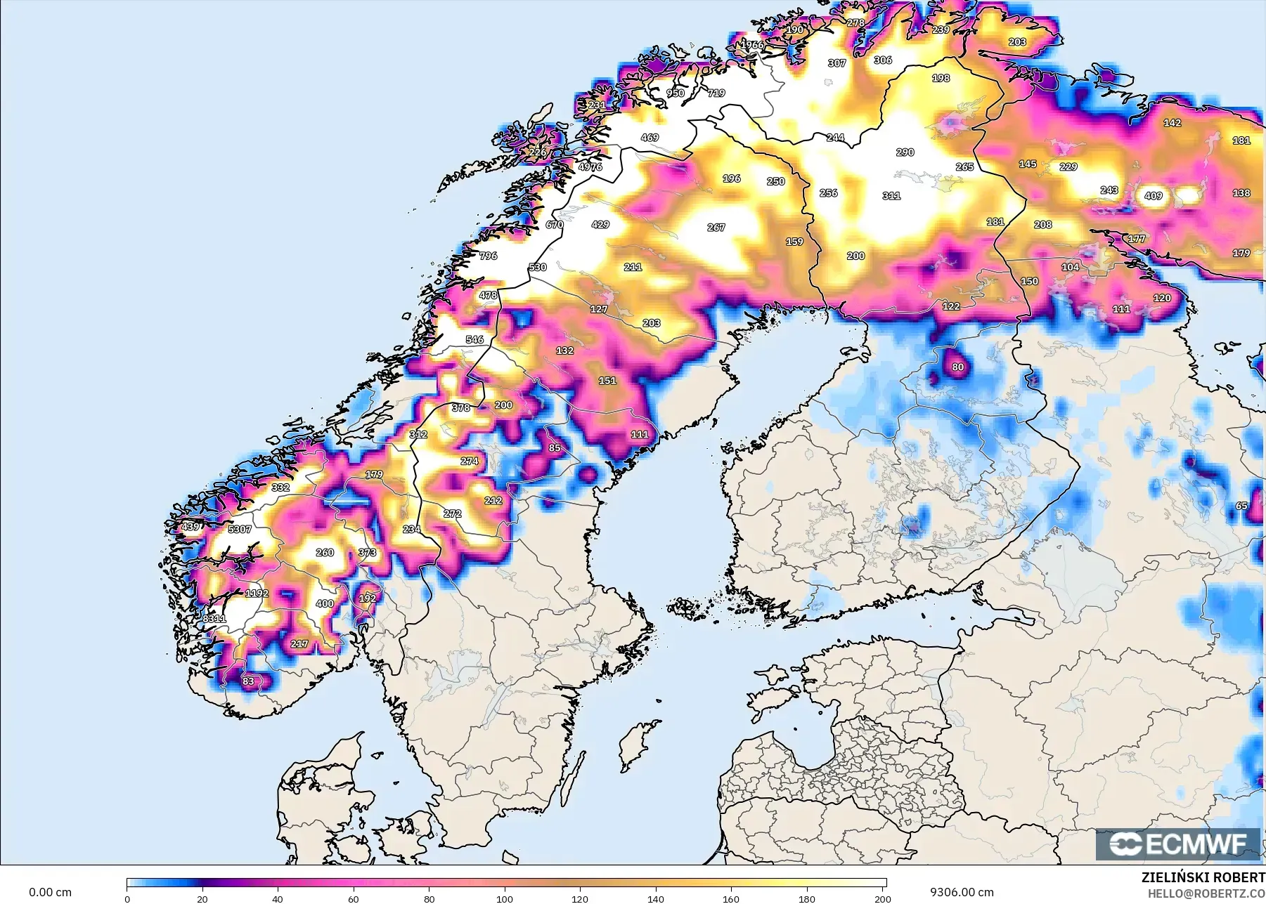 ECMWF IFS 0.25° model - Scandinavia, Snow Depth