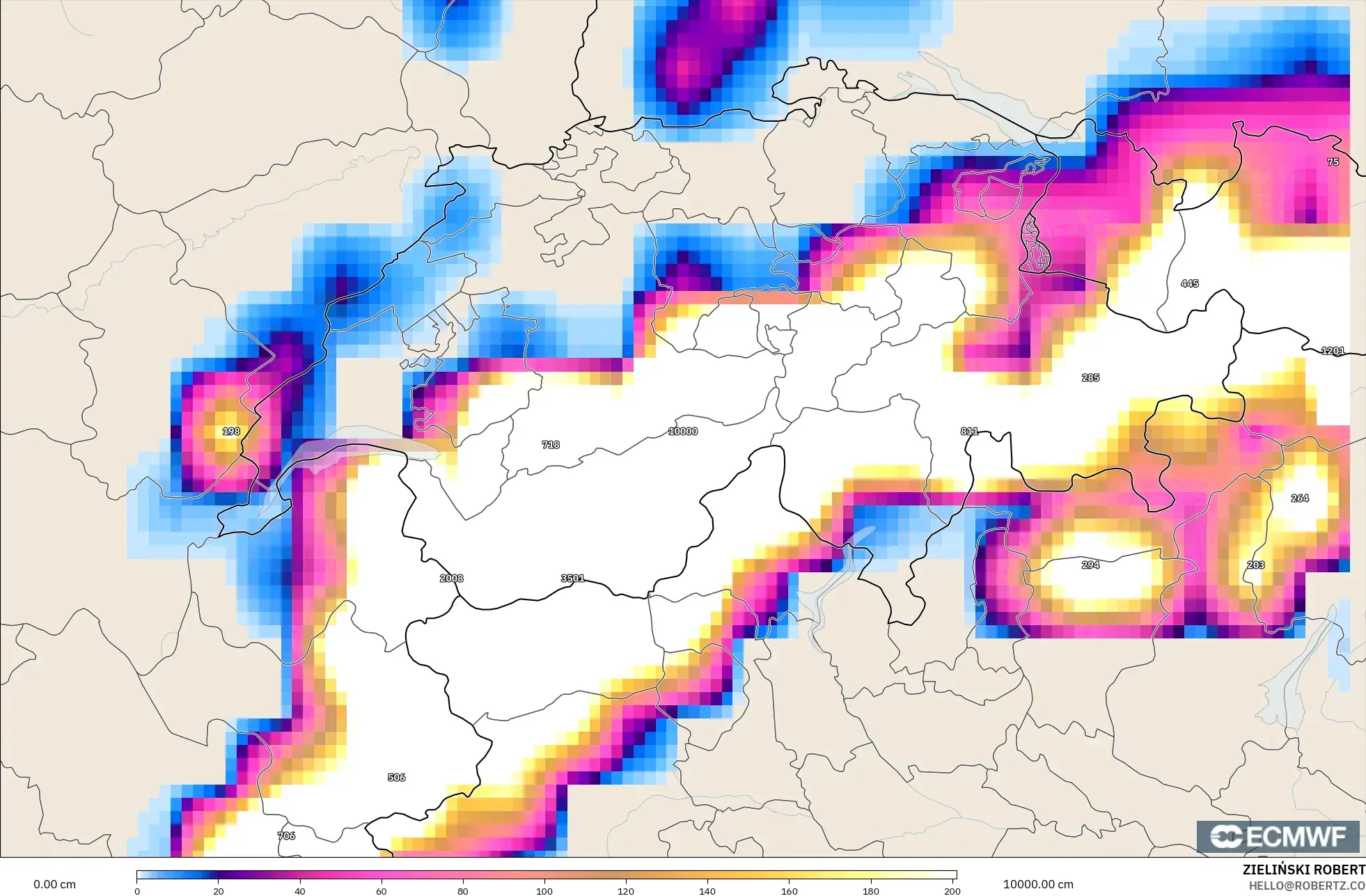 ECMWF IFS 0.25° model - Switzerland, Snow Depth