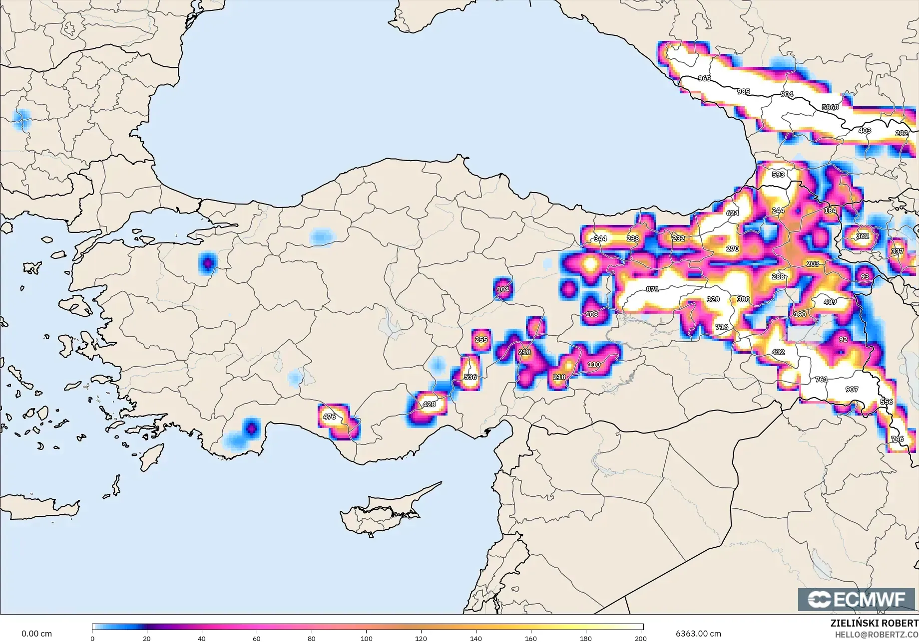 ECMWF IFS 0.25° model - Turkey, Snow Depth