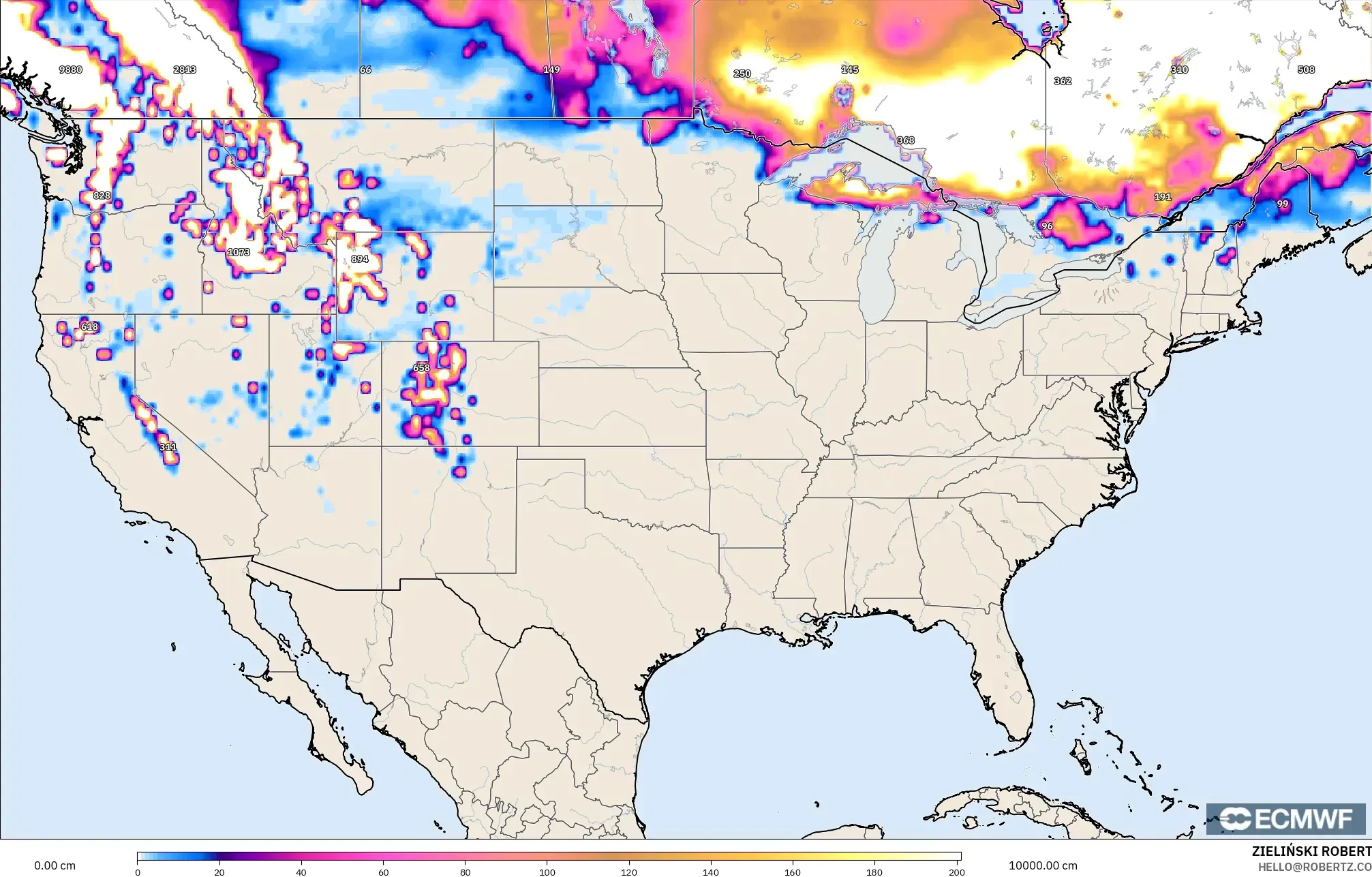 ECMWF IFS 0.25° model - United States, Snow Depth