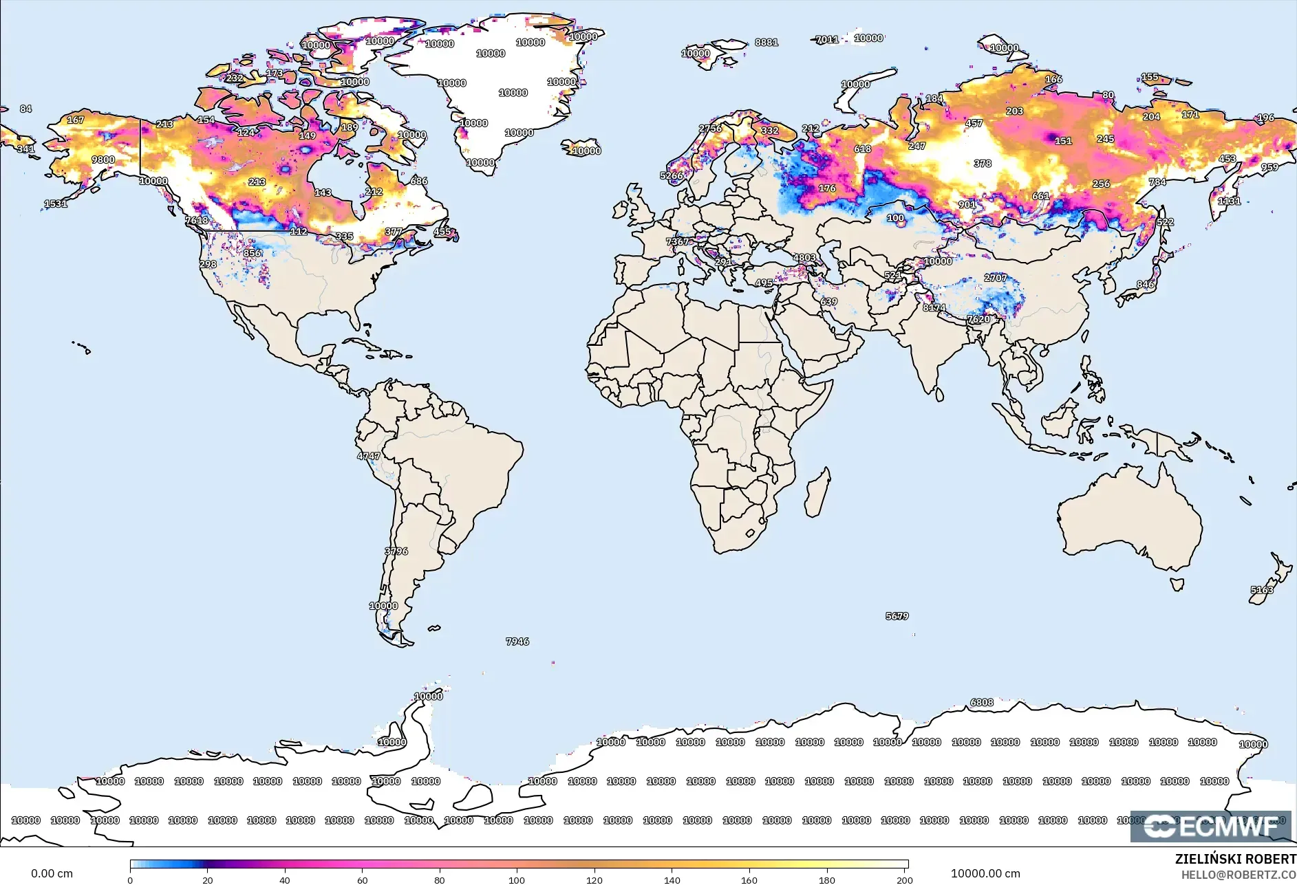 ECMWF IFS 0.25° model - World, Snow Depth