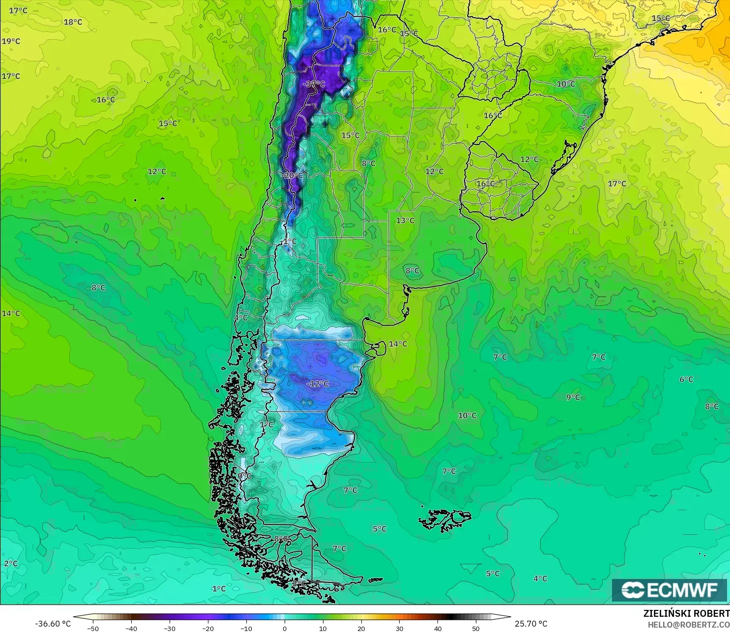 ECMWF IFS 0.25° modelo - Argentina, Dewpoint at 2m