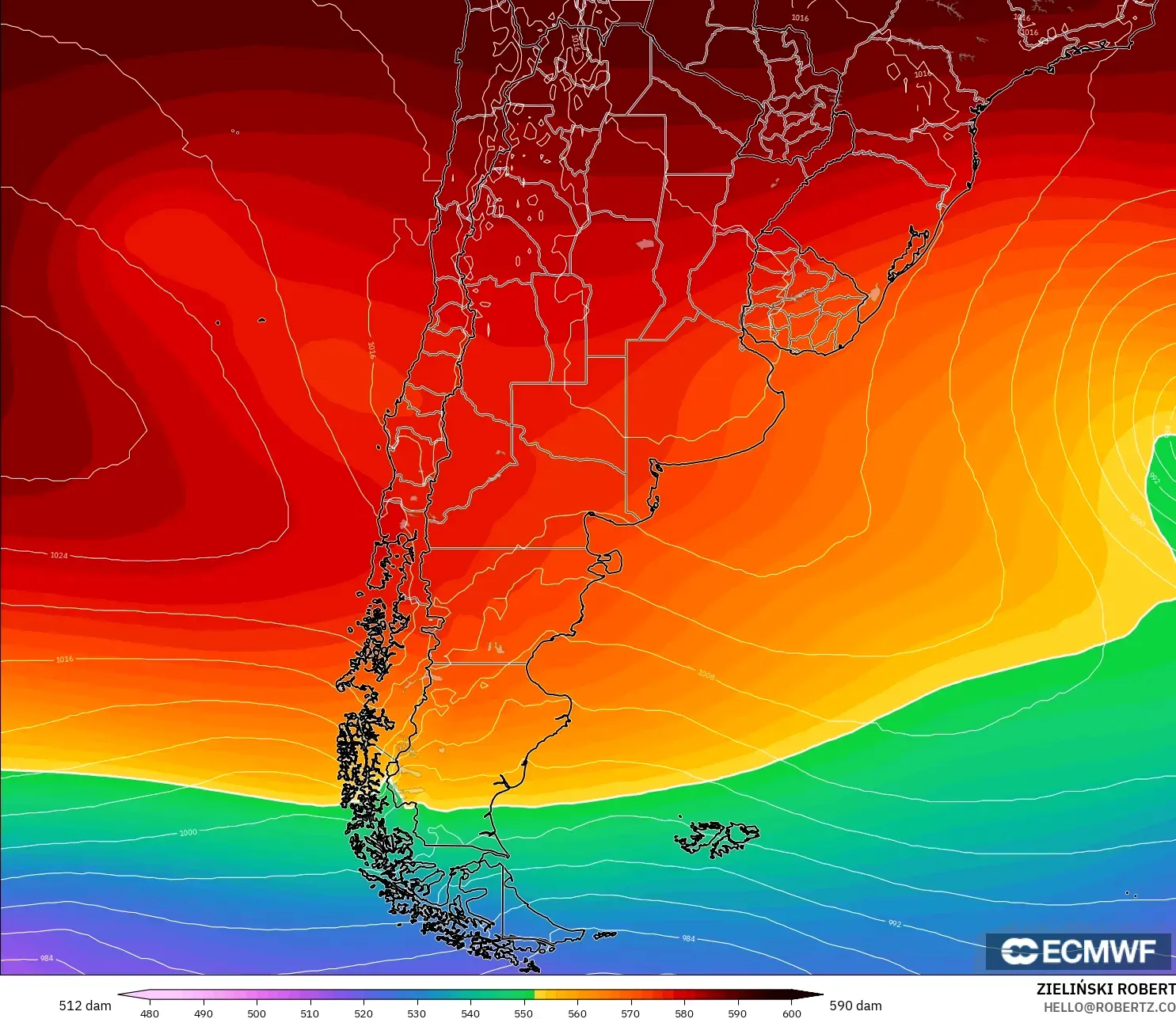 ECMWF IFS 0.25° modelo - Argentina, Geopotential height at 500hPa