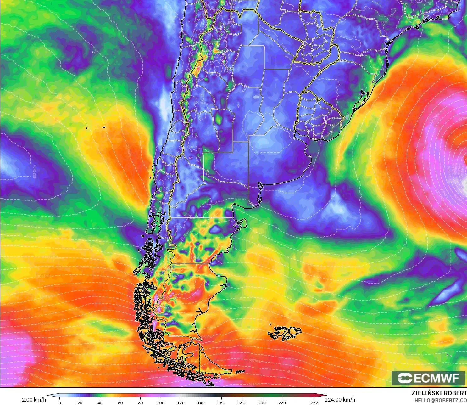 ECMWF IFS 0.25° model - Argentina, Hembusan Tertinggi