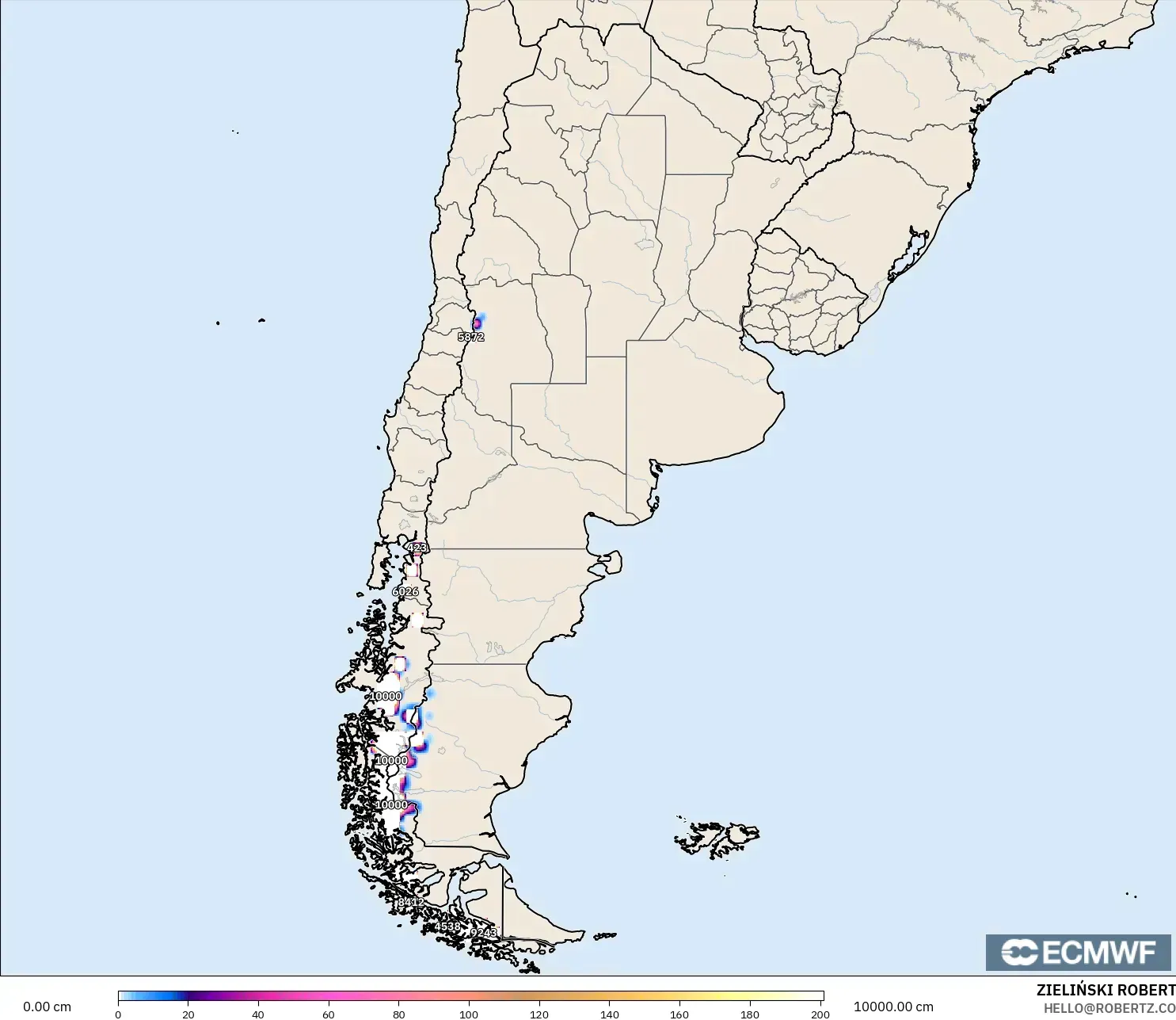 ECMWF IFS 0.25° modelo - Argentina, Snow Depth