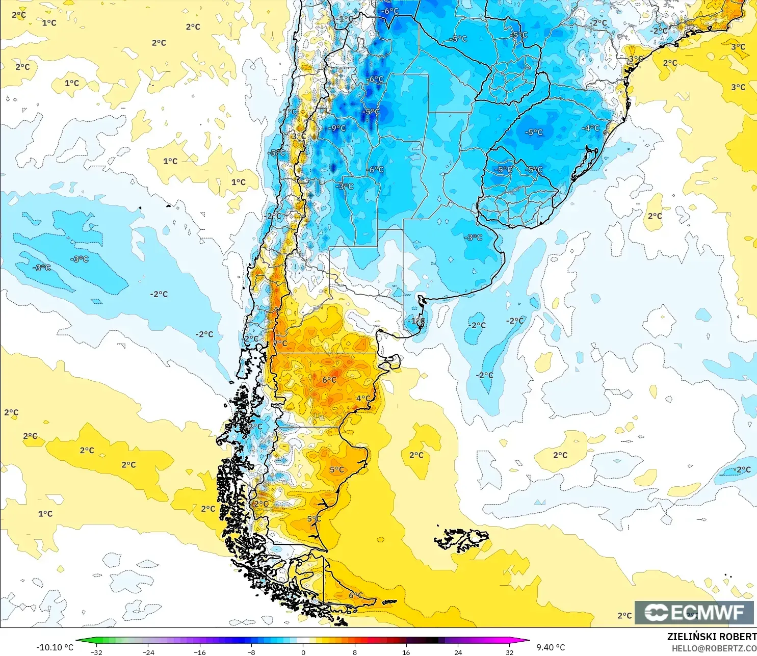 ECMWF IFS 0.25° model - Argentina, Anomali Suhu 2 m