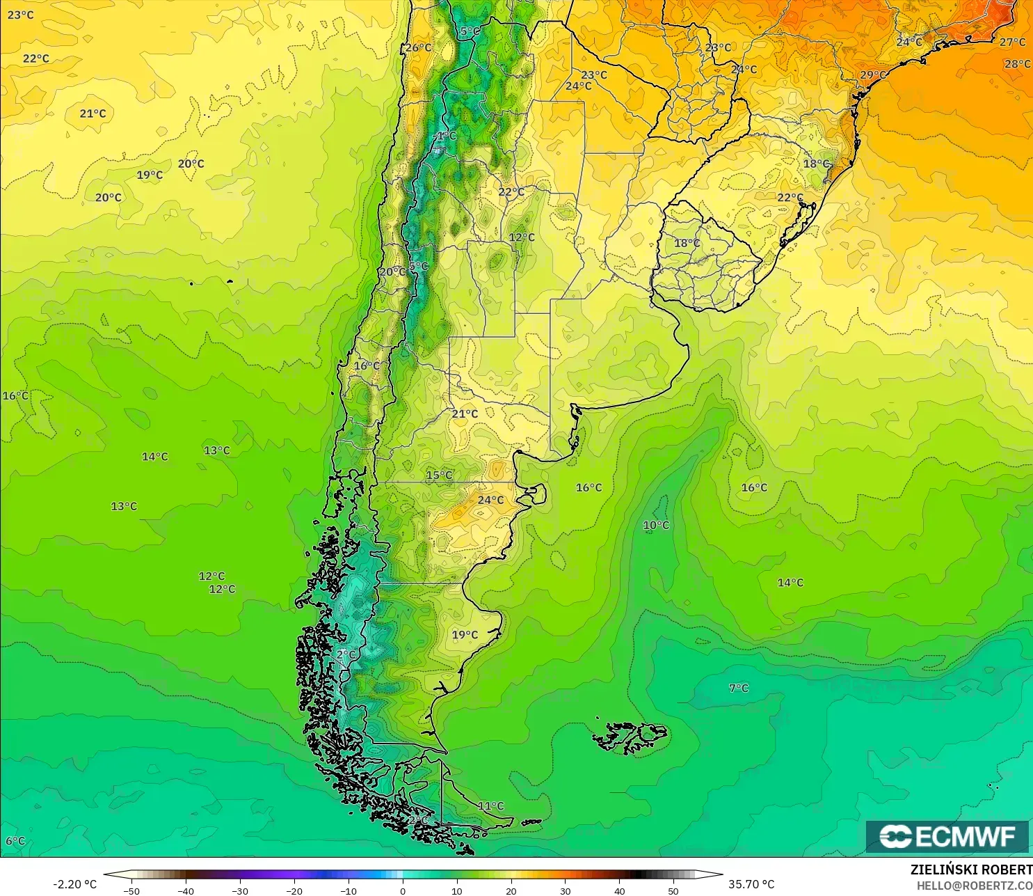 ECMWF IFS 0.25° modelo - Argentina, Temperature at 2m