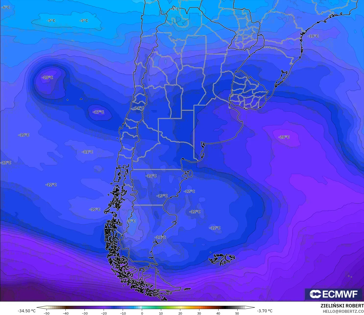 ECMWF IFS 0.25° modelo - Argentina, Temperature at 500hPa