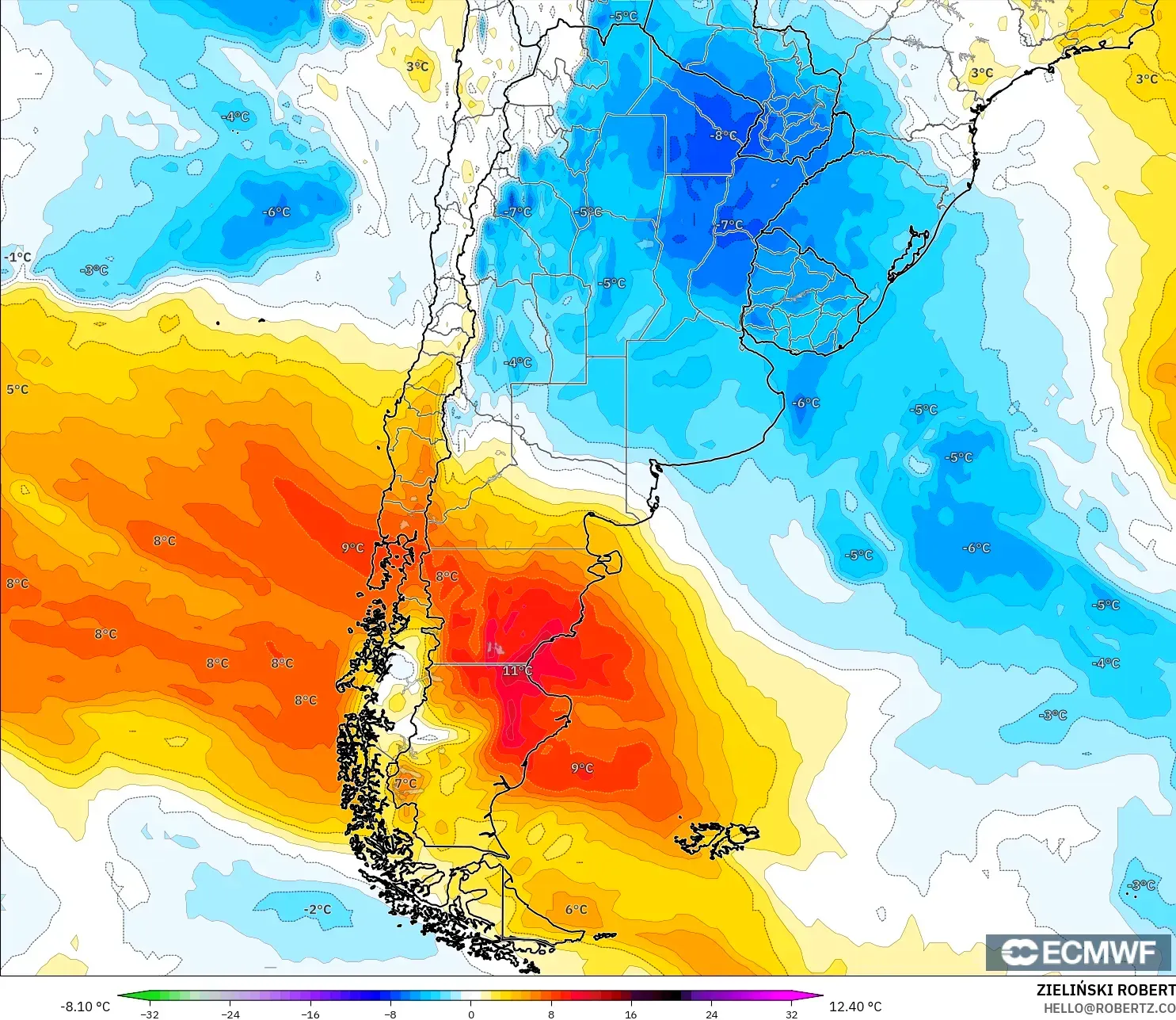ECMWF IFS 0.25° model - Argentina, Anomali Suhu 850 hPa