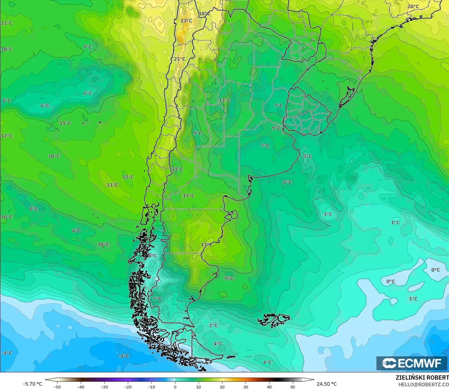 ECMWF IFS 0.25° modelo - Argentina, Temperature at 850hPa