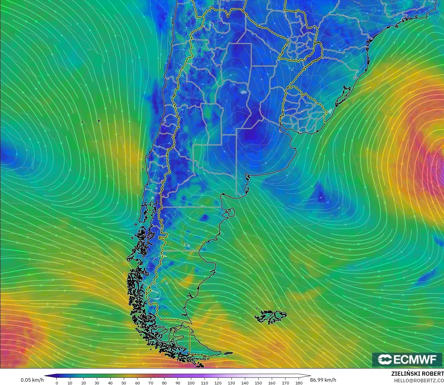 ECMWF IFS 0.25° modelo - Argentina, Wind at 10m