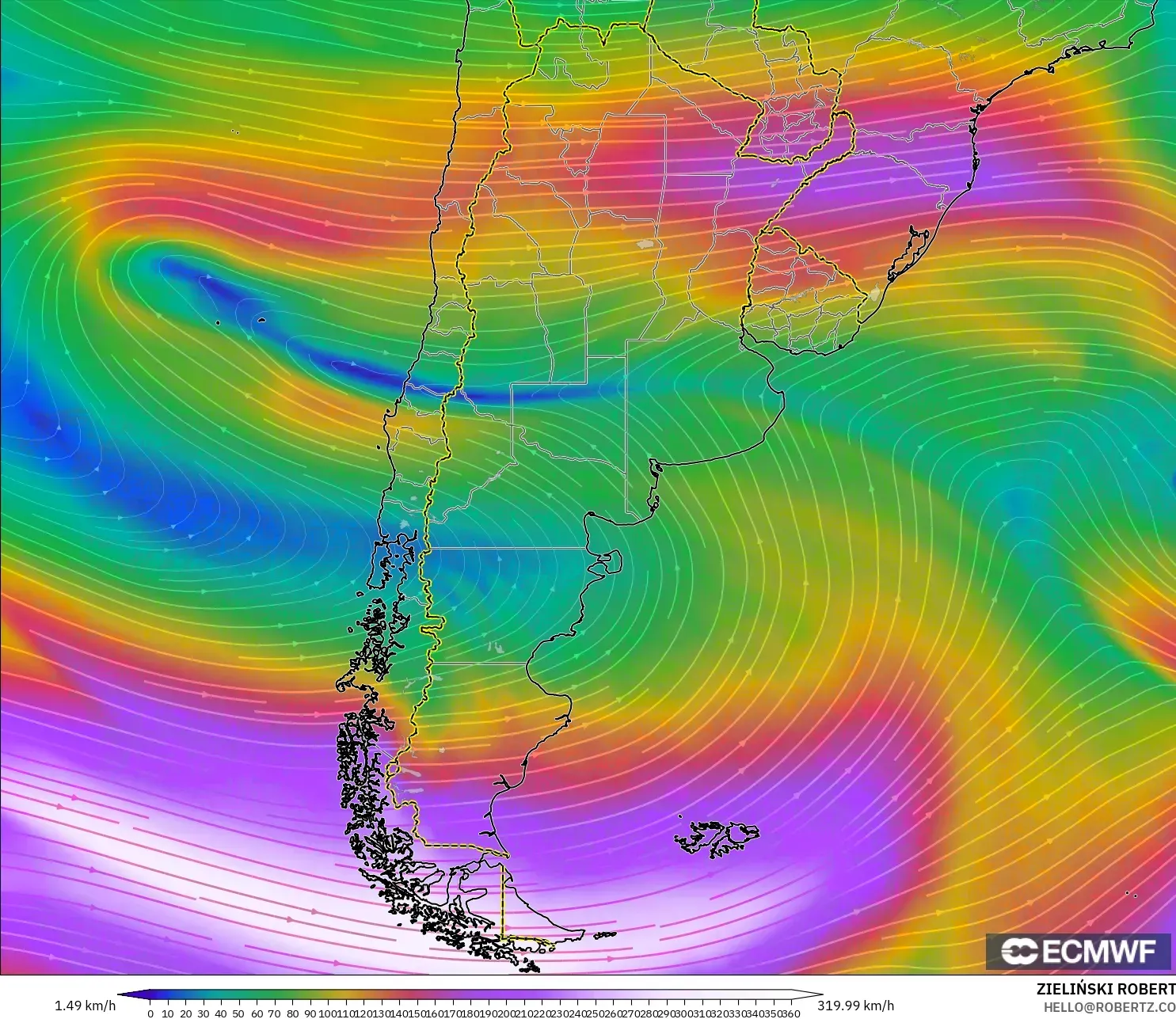 ECMWF IFS 0.25° model - Argentina, Angin 300 hPa (aliran jet)