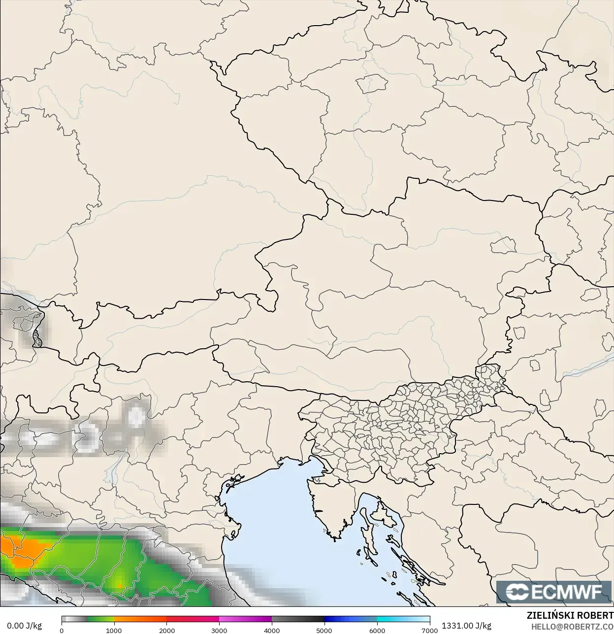 ECMWF IFS 0.25° model - Austria, CAPE