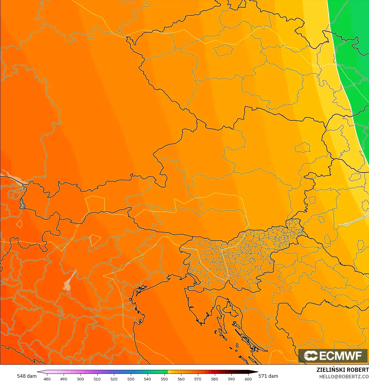 ECMWF IFS 0.25° model - Austria, Ketinggian geopotensial pada 500 hPa