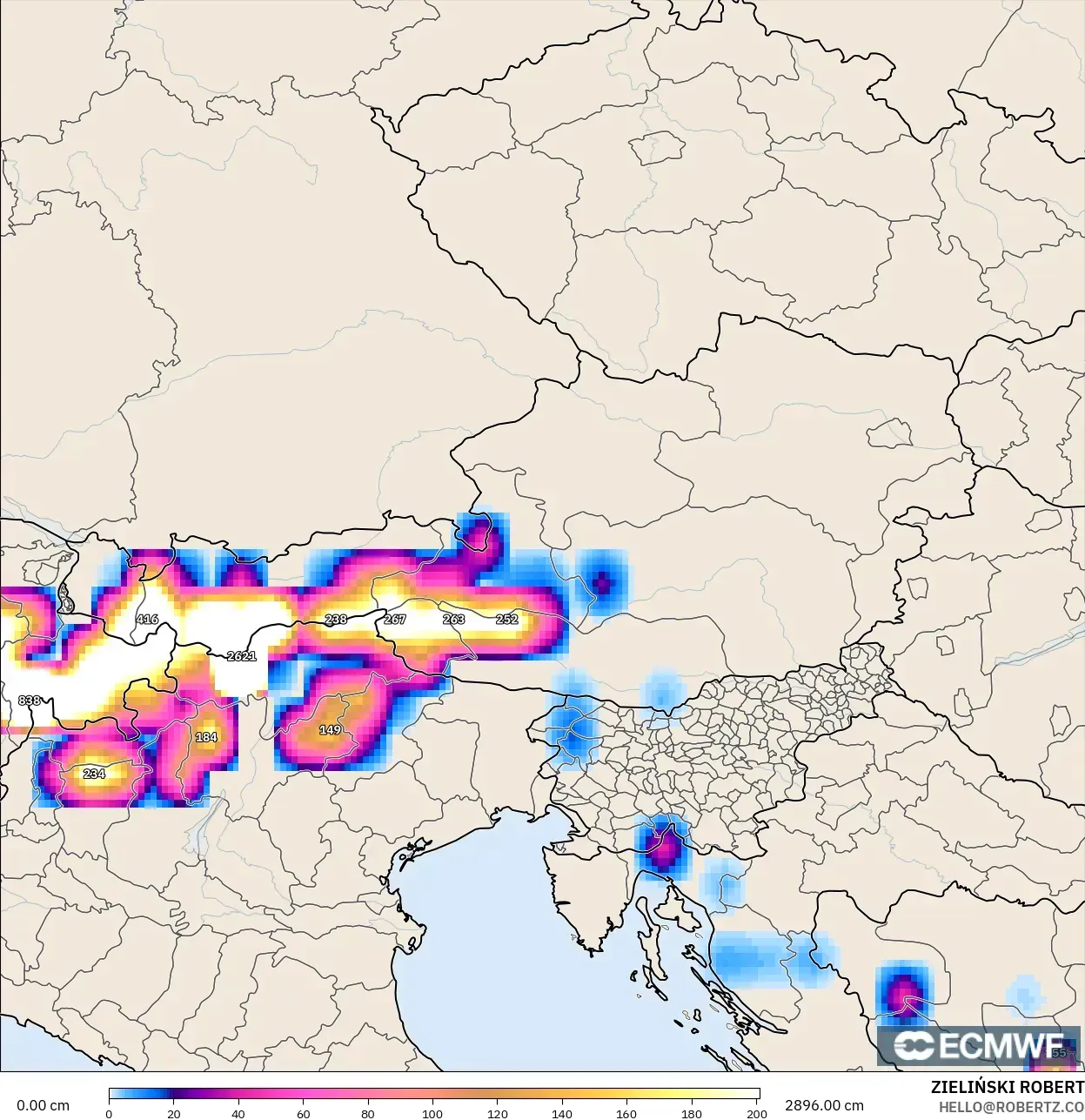 ECMWF IFS 0.25° model - Austria, Ketebalan Salji