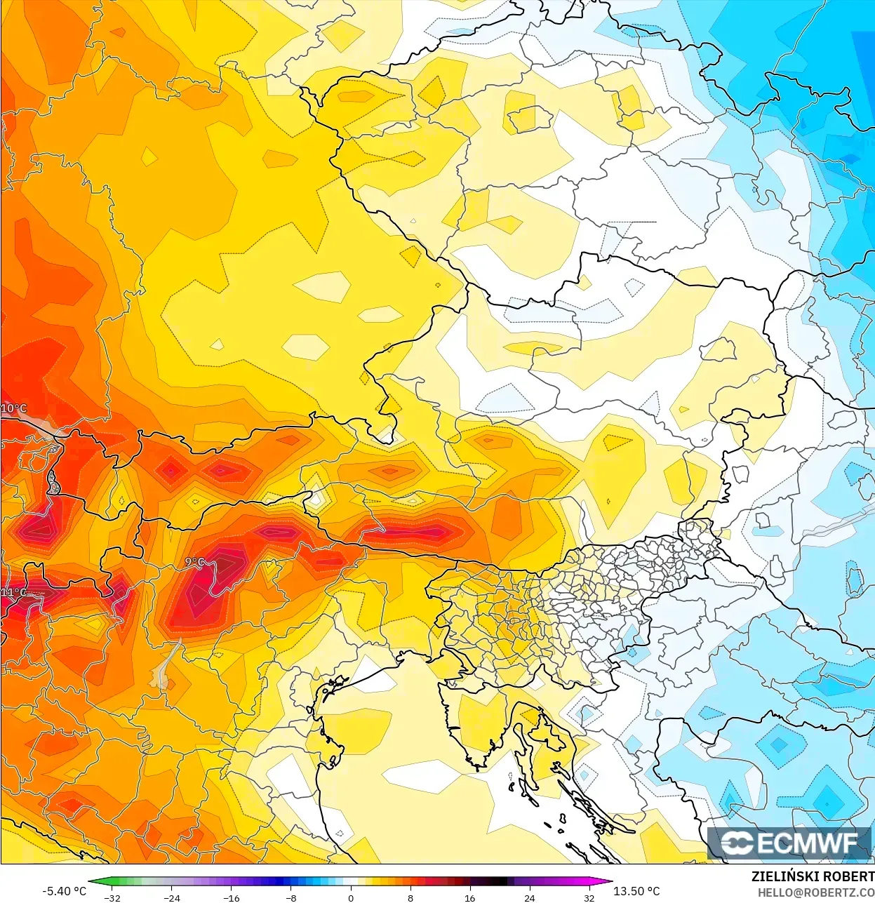 ECMWF IFS 0.25° modelo - Austria, Temperature at 2m Anomaly