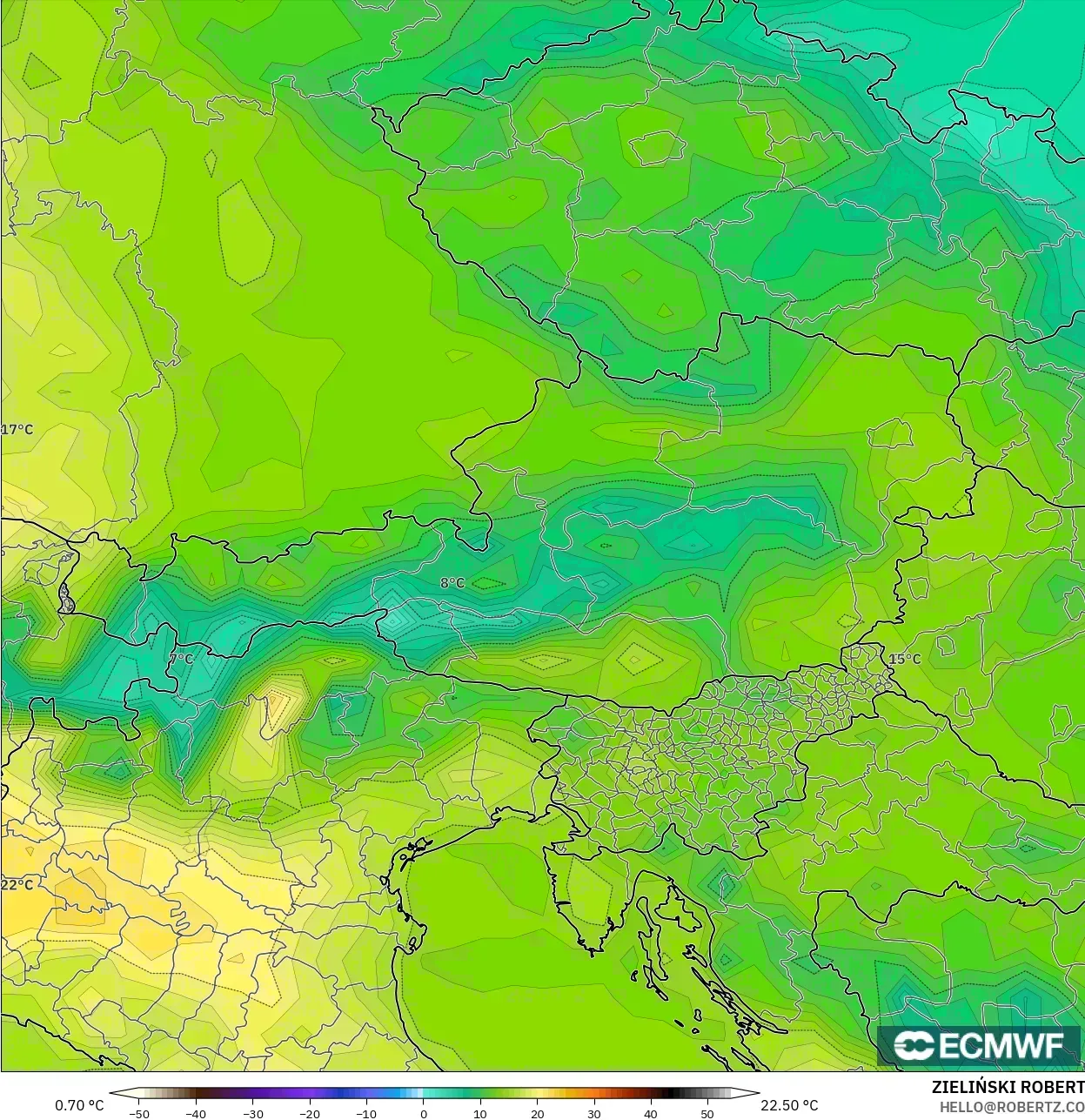 ECMWF IFS 0.25° model - Austria, Suhu pada 2 m