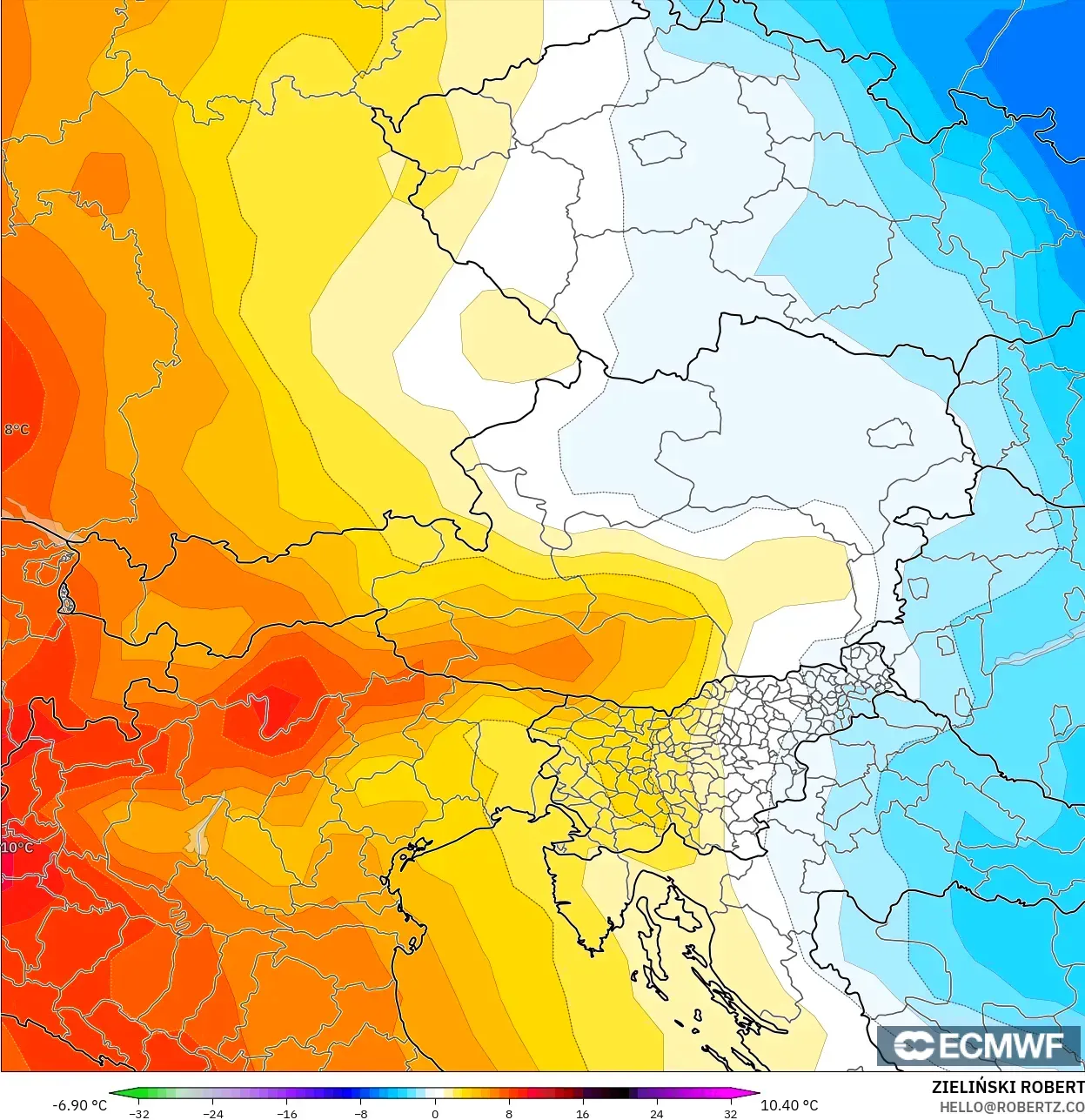 ECMWF IFS 0.25° modelo - Austria, Temperature at 850hPa Anomaly