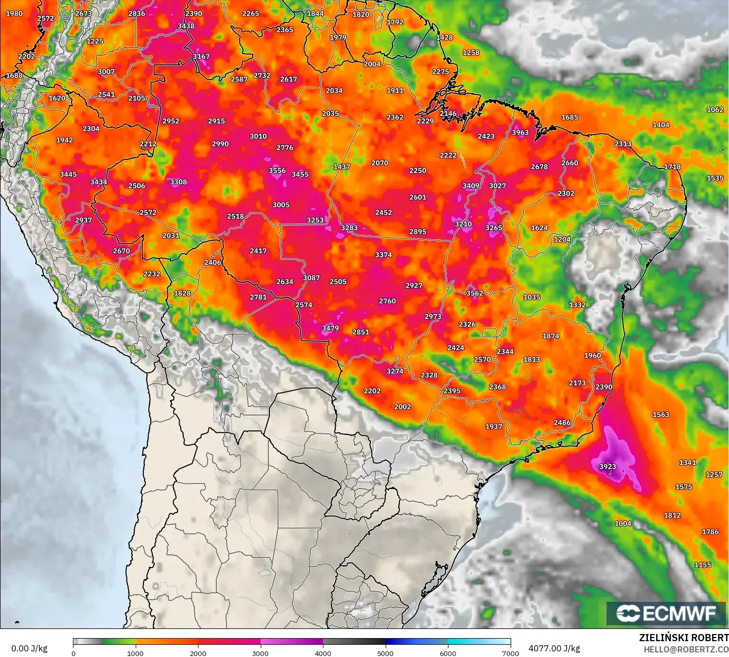 ECMWF IFS 0.25° modelo - Brazil, CAPE