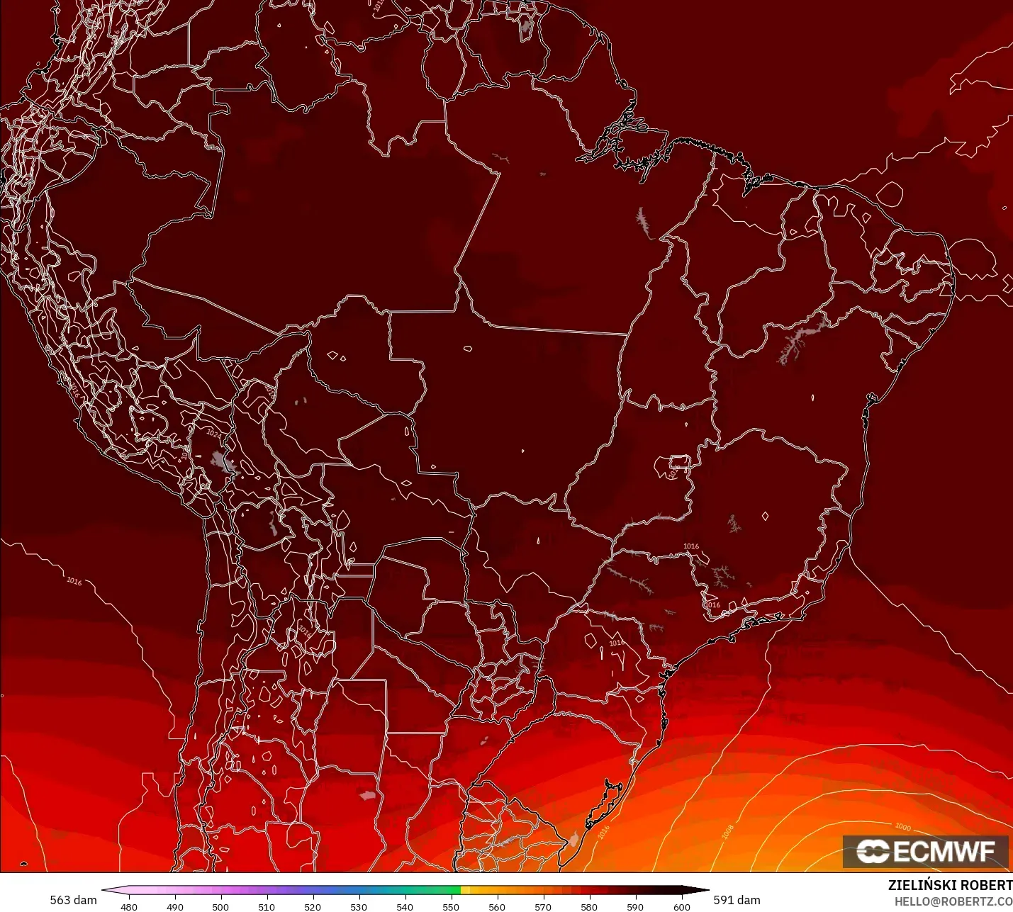 ECMWF IFS 0.25° modelo - Brazil, Geopotential height at 500hPa