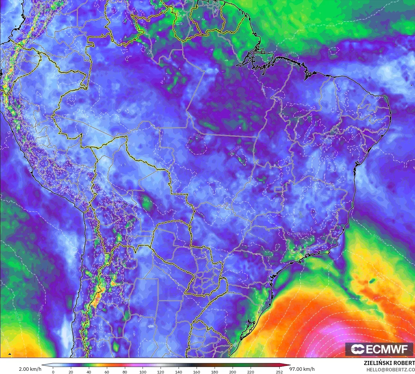 ECMWF IFS 0.25° modelo - Brazil, Wind Gusts