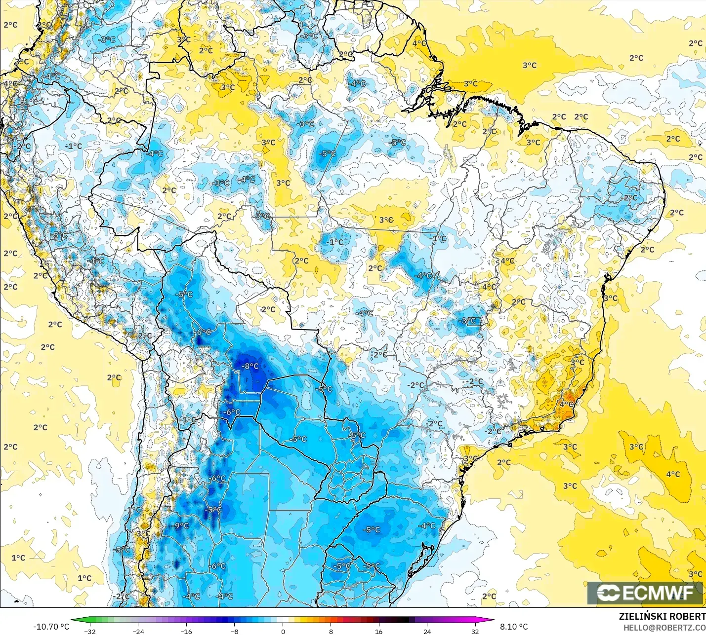 ECMWF IFS 0.25° model - Brazil, Anomali Suhu 2 m