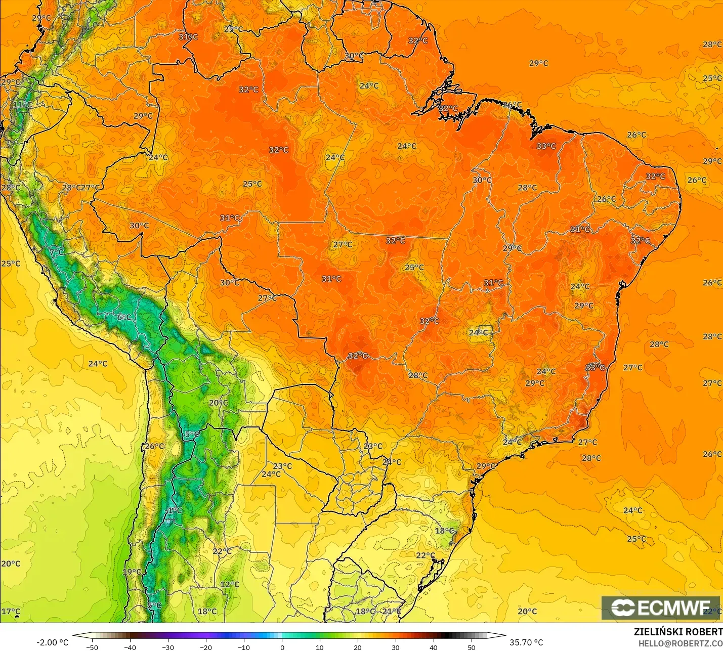ECMWF IFS 0.25° modelo - Brazil, Temperature at 2m