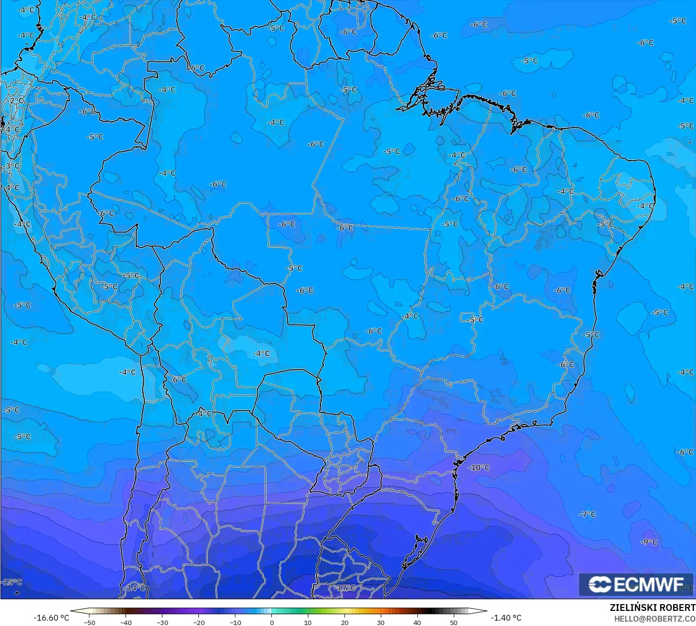 ECMWF IFS 0.25° modelo - Brazil, Temperature at 500hPa