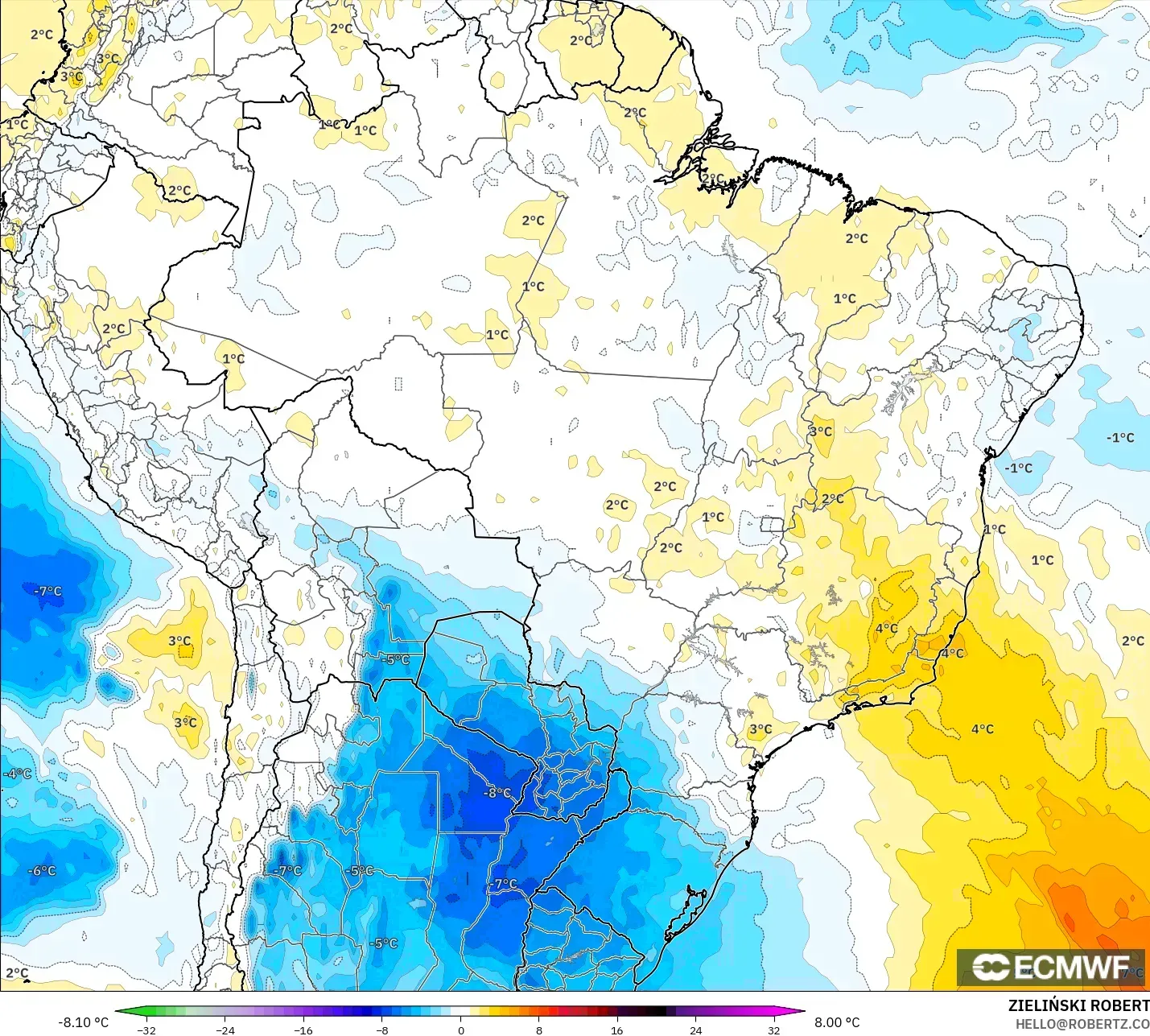 ECMWF IFS 0.25° model - Brazil, Anomali Suhu 850 hPa