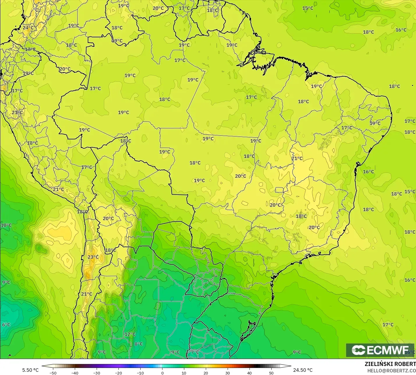 ECMWF IFS 0.25° modelo - Brazil, Temperature at 850hPa