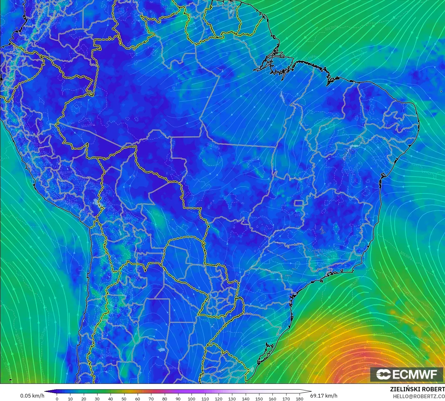 ECMWF IFS 0.25° modelo - Brazil, Wind at 10m
