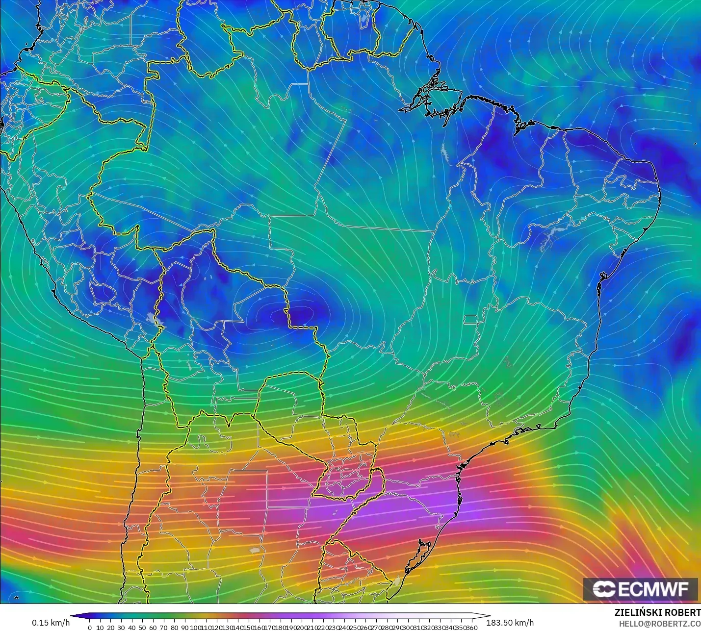 ECMWF IFS 0.25° model - Brazil, Angin 300 hPa (aliran jet)