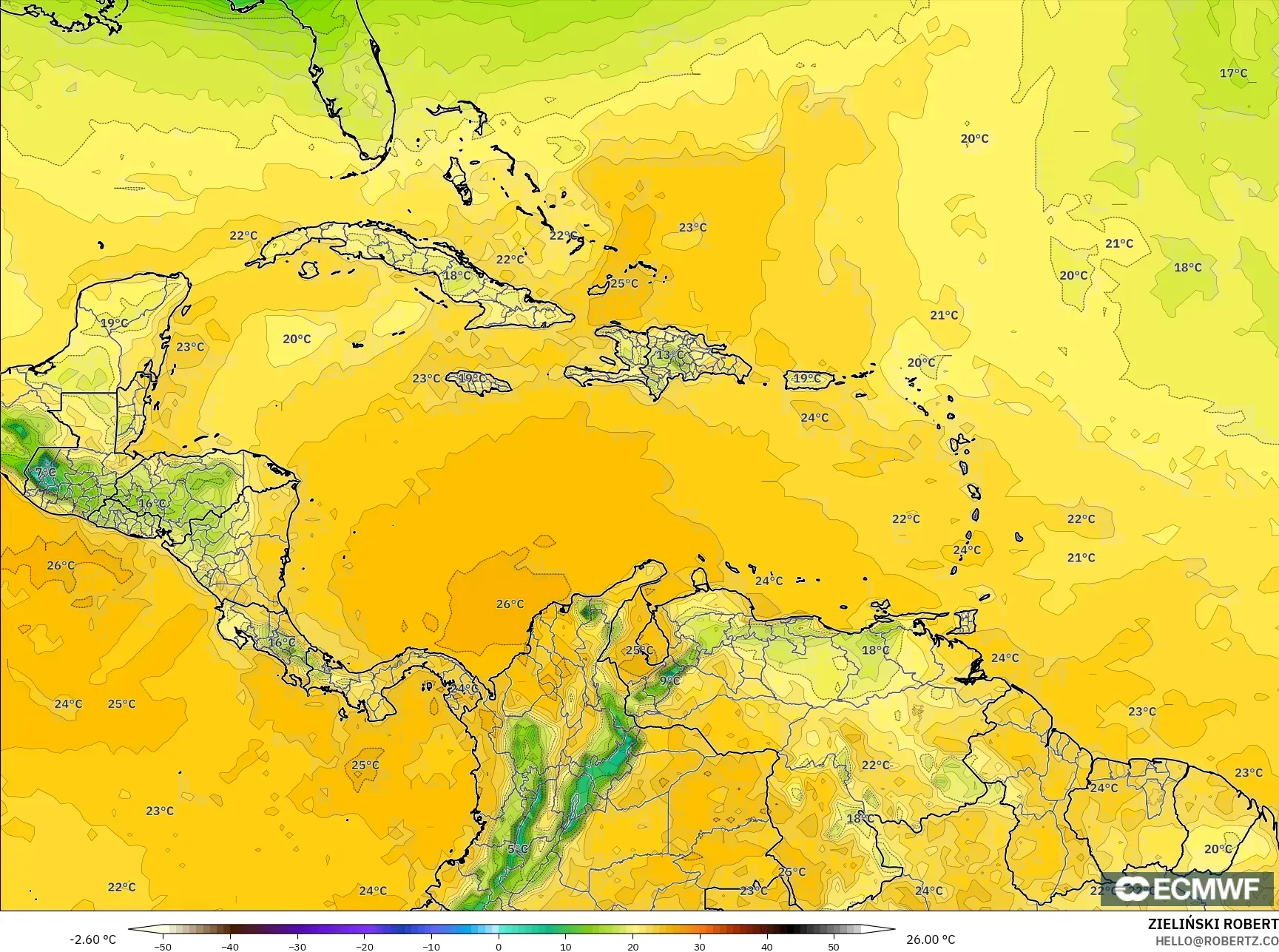 ECMWF IFS 0.25° model - Karibia, Takat Embun 2 m