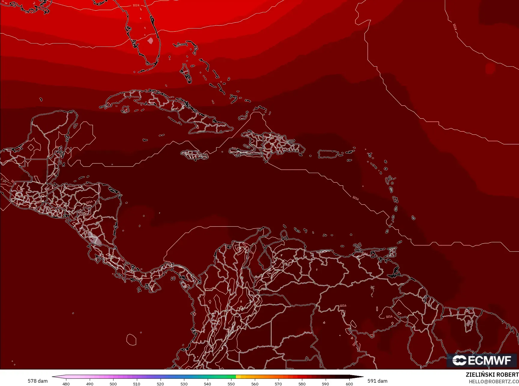 ECMWF IFS 0.25° model - Karibia, Ketinggian geopotensial pada 500 hPa