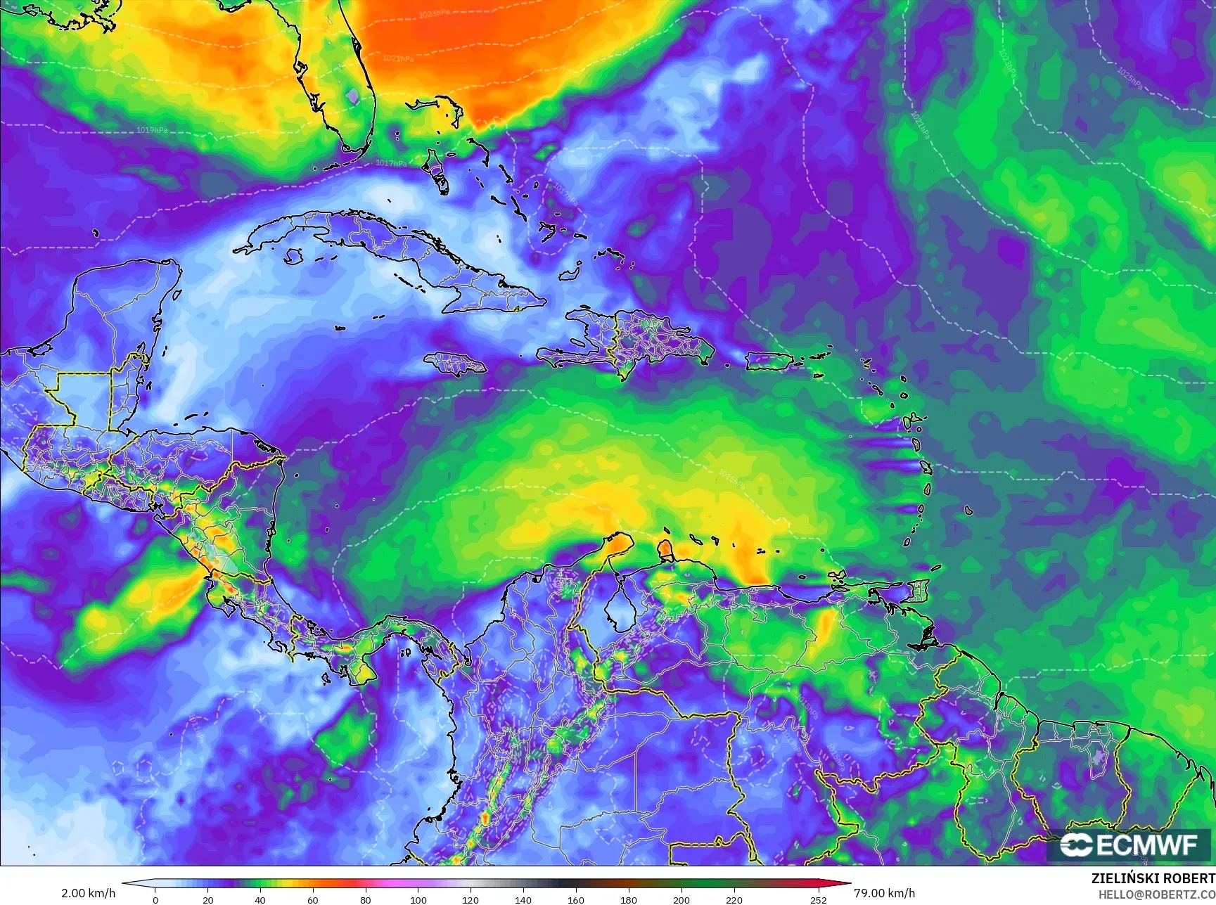 ECMWF IFS 0.25° modelo - Caribbean, Wind Gusts