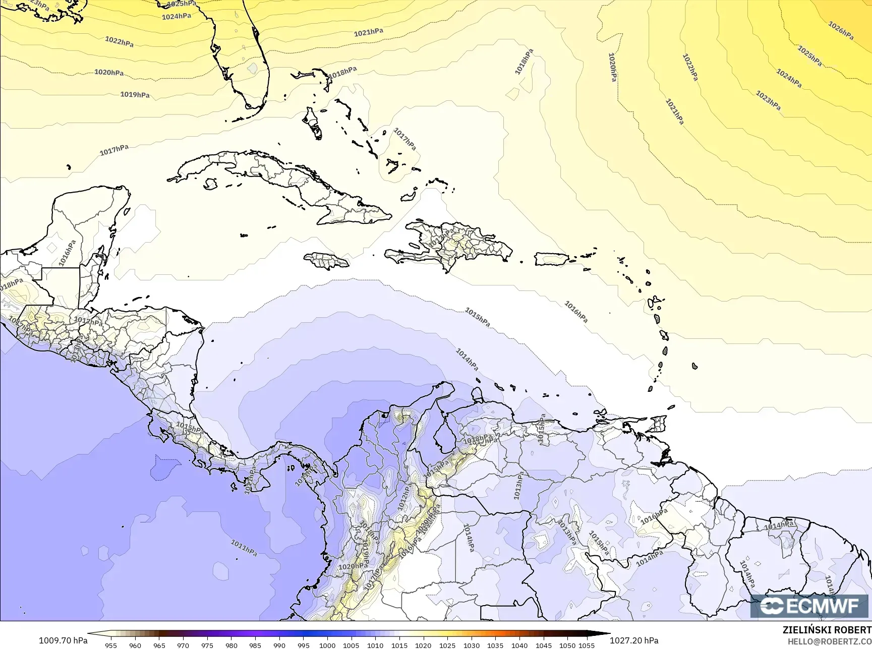 ECMWF IFS 0.25° modelo - Caribbean, Pressure