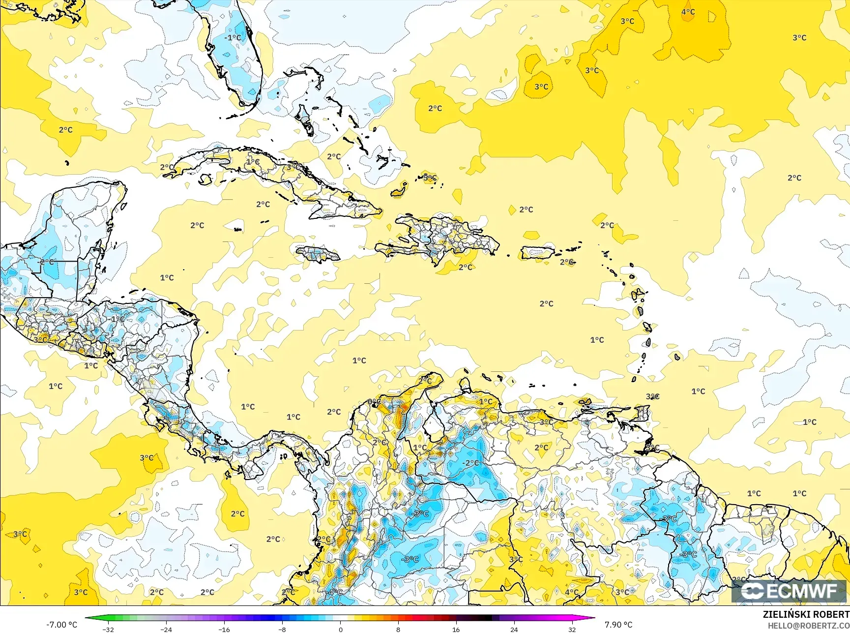 ECMWF IFS 0.25° model - Karibia, Anomali Suhu 2 m