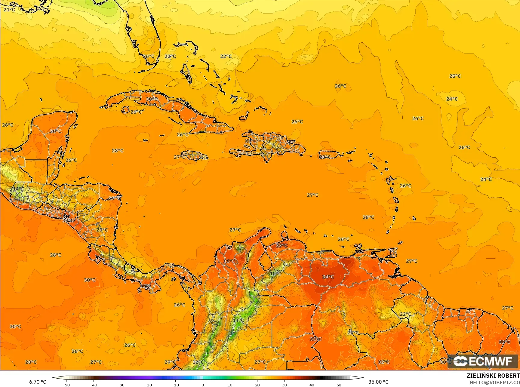 ECMWF IFS 0.25° modelo - Caribbean, Temperature at 2m