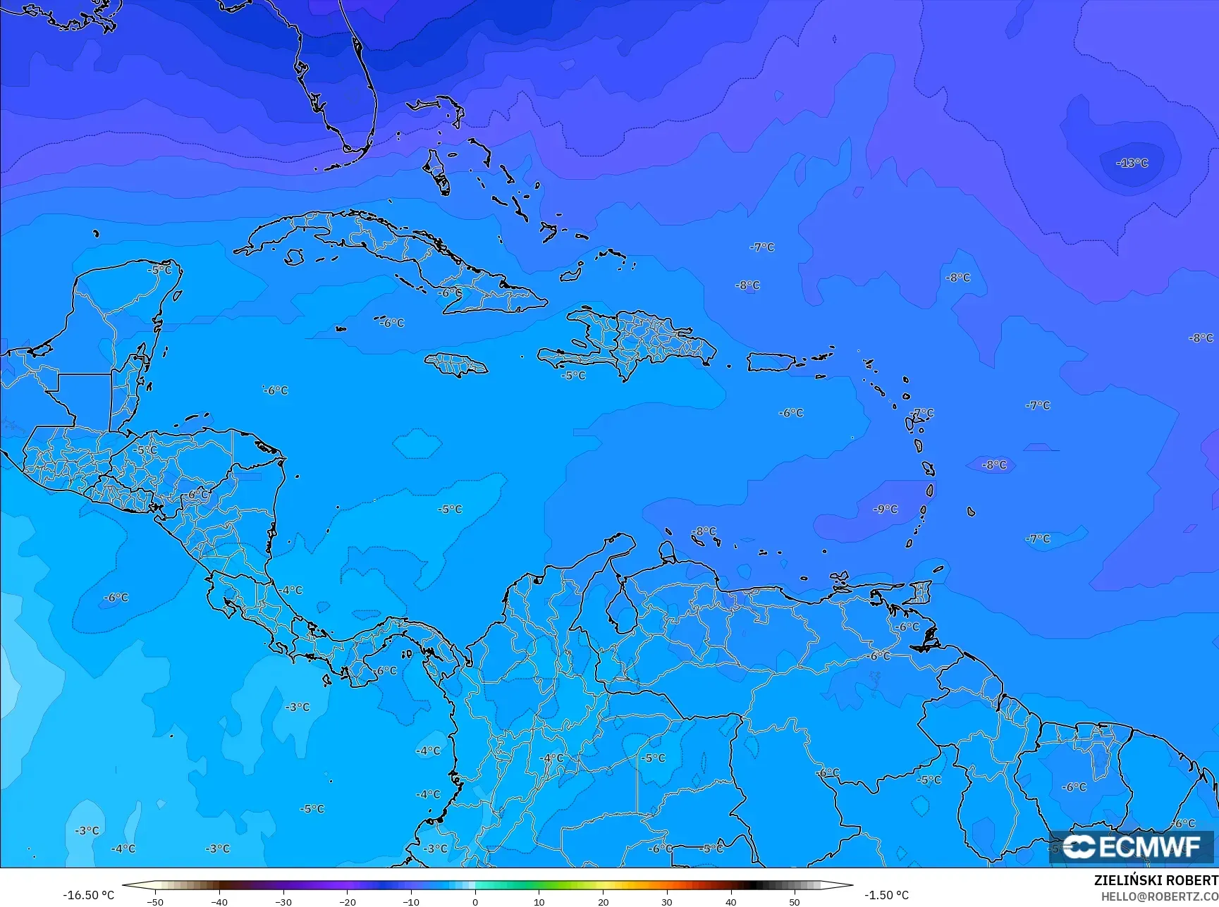 ECMWF IFS 0.25° model - Karibia, Suhu 500 hPa