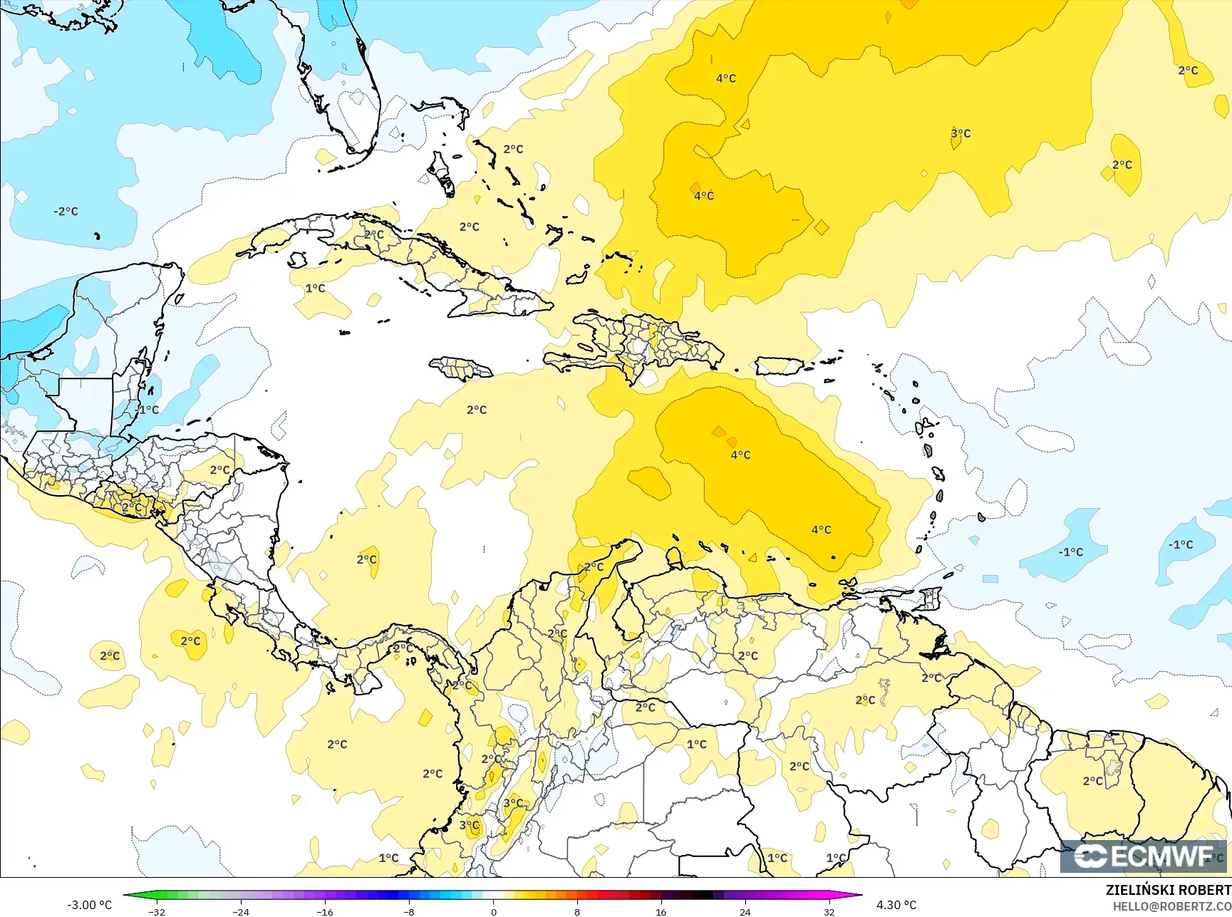 ECMWF IFS 0.25° model - Karibia, Anomali Suhu 850 hPa