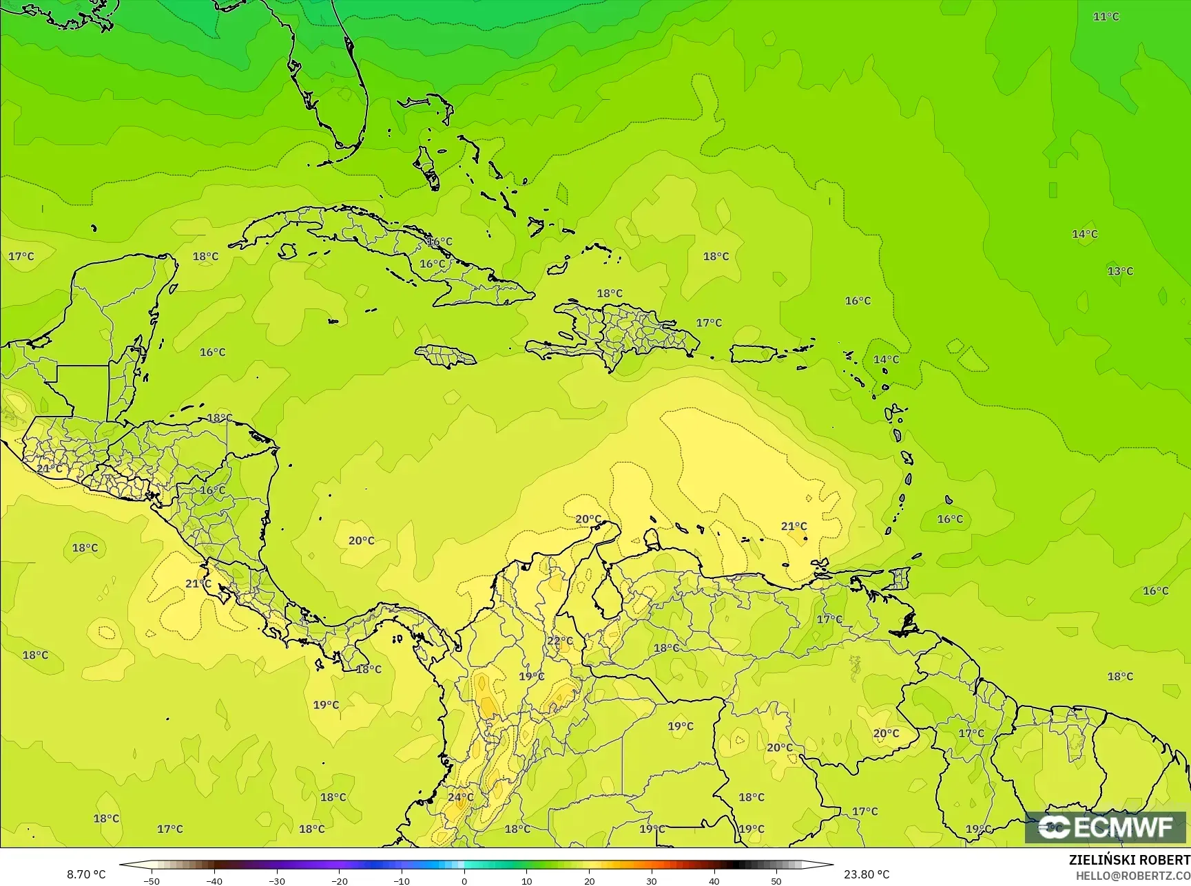 ECMWF IFS 0.25° modelo - Caribbean, Temperature at 850hPa